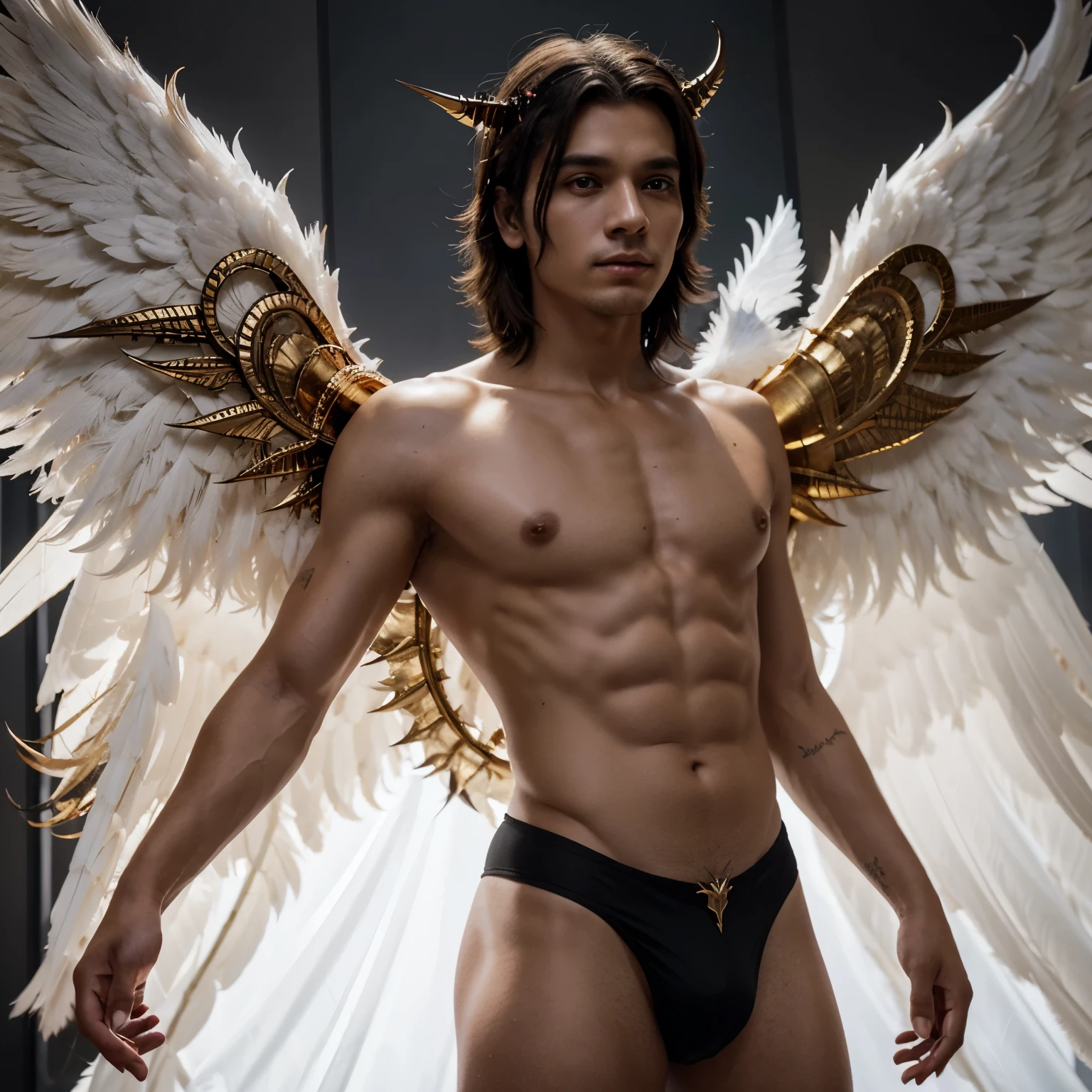 A human male with right side of his body being an angel with six pairs of white wings and his left body of a devil with six pairs of Black and crimson wings with a golden halo with thorns warped around it behind his head.