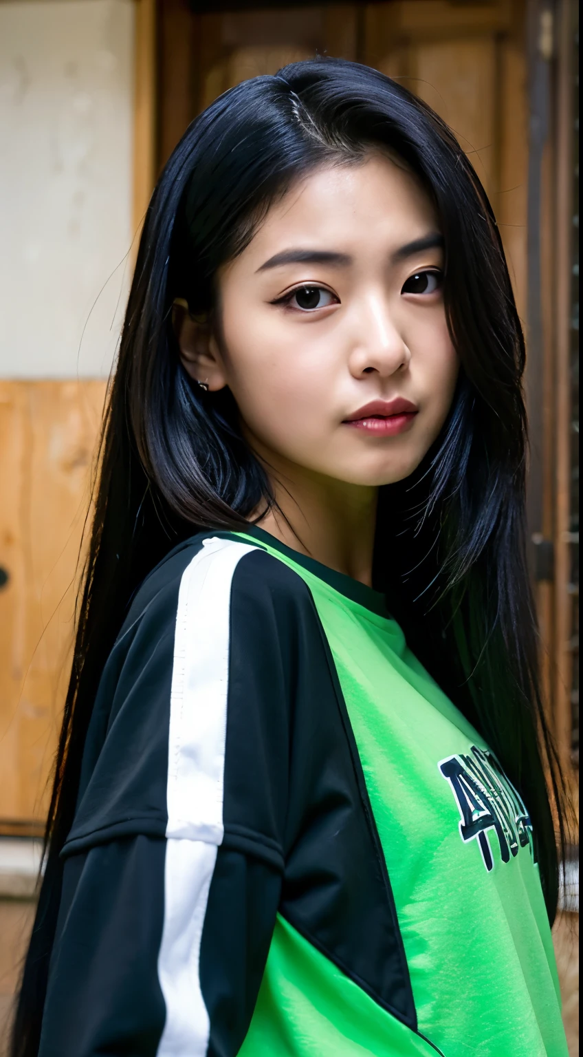 arafed woman with long black hair wearing a green shirt, mid shot portrait, outlive streetwear collection, woman in streetwear, she is wearing streetwear, closeup portrait shot, close up portrait shot, close - up portrait shot, japanese streetwear, close up half body shot, a young asian woman, portrait shot, mid portrait, profile shot, medium head to shoulder shot