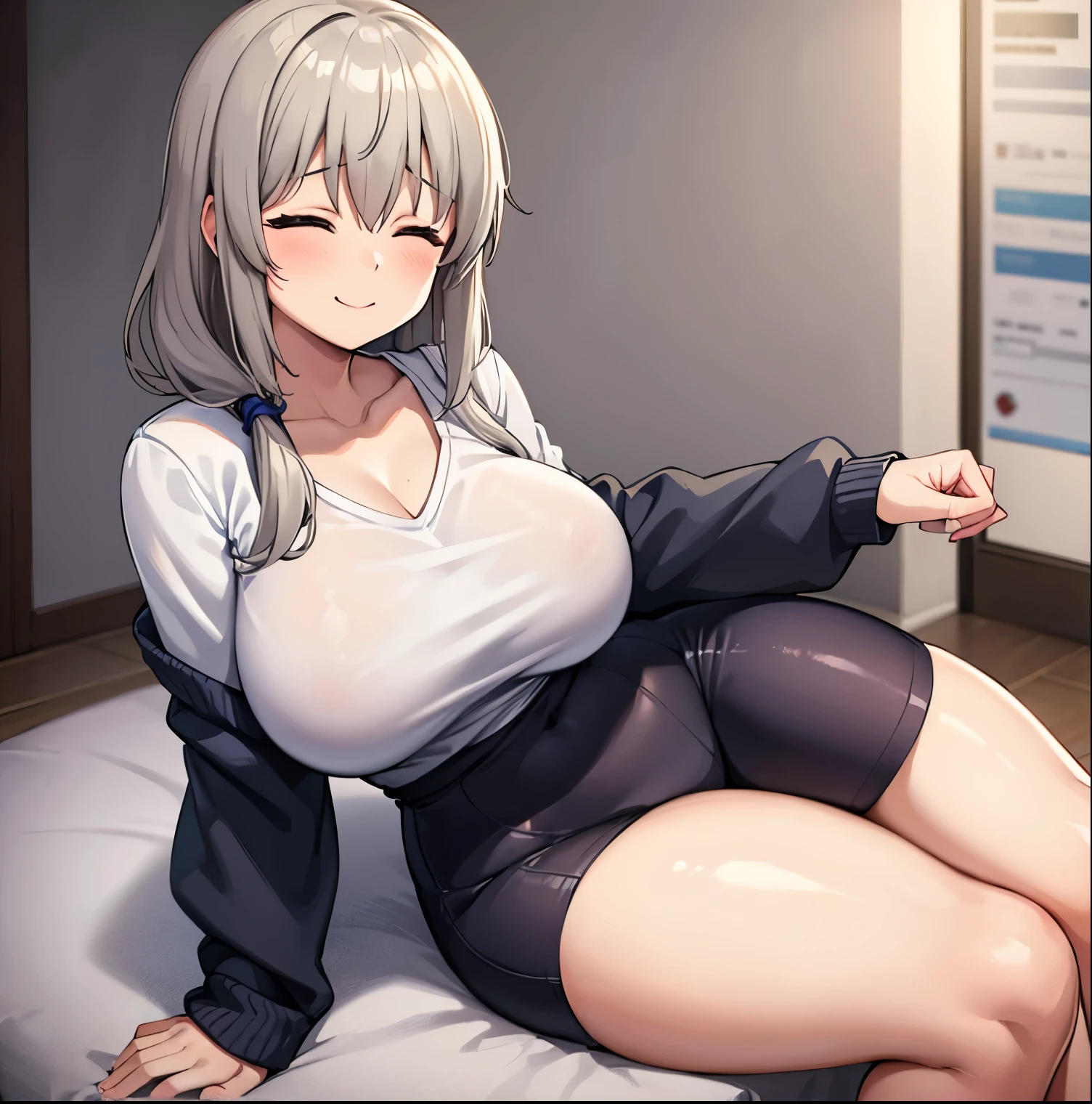1girl, alone,uzaki tsuki, closed mouth, pants, collarbone, smile, thick thighs, mature female, huge breasts, sweater, jewelry, white shirt, closed eyes, sitting, white sweater, solo, wide hips, thighs, hair over shoulder, shirt, curvy, sexy body, perfect hands,perfect anatomy
