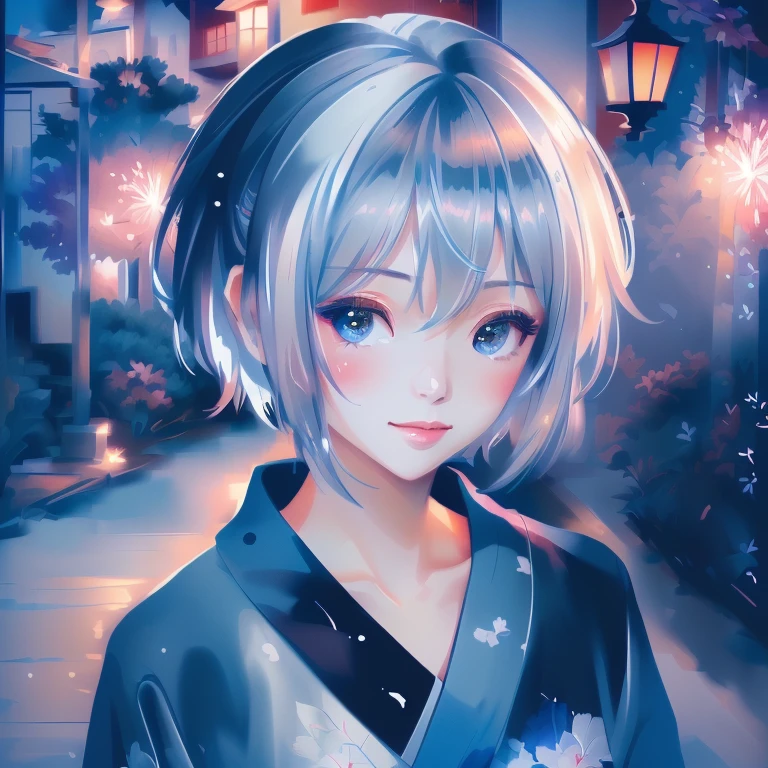 (best quality,4k,8k,highres,masterpiece:1.2),ultra-detailed, colorful fireworks,soft lighting,serene expression,hint of a smile,traditional Japanese garden,peaceful atmosphere,shadows and highlights,subtle textures,subtle patterns,detailed floral pattern on the kimono,elaborate hairpin,slight breeze,rustling leaves in the background,reflection of fireworks on the water,delicate brushstrokes,artistic composition,emphasis on the girl's eyes,graceful pose,gentle movement of the kimono,soft shades of gray,cool undertones, ethereal charm,captivating gaze,serene beauty,tranquil night scene,subtle gradations of light and shadow,dreamlike ambiance.