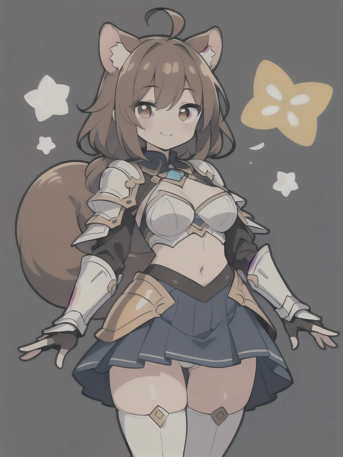 ((Masterpiece, 8k, High quality)), (adult female), (orange eyes), (((long brown hair))), ((Squirrel ears)), ((Medium bust, hips wide open)), ((wearing white stockings)), (((Wearing silver armor))), ((blue skirt)), ((eyes wide open, smile a little)), ((single woman)), body lines are very เพศy, Crotch wide open, The pointed shape is clearly visible., Can see areola, The pubic area is clearly visible., Crotch wide open, Wet and stuck underwear