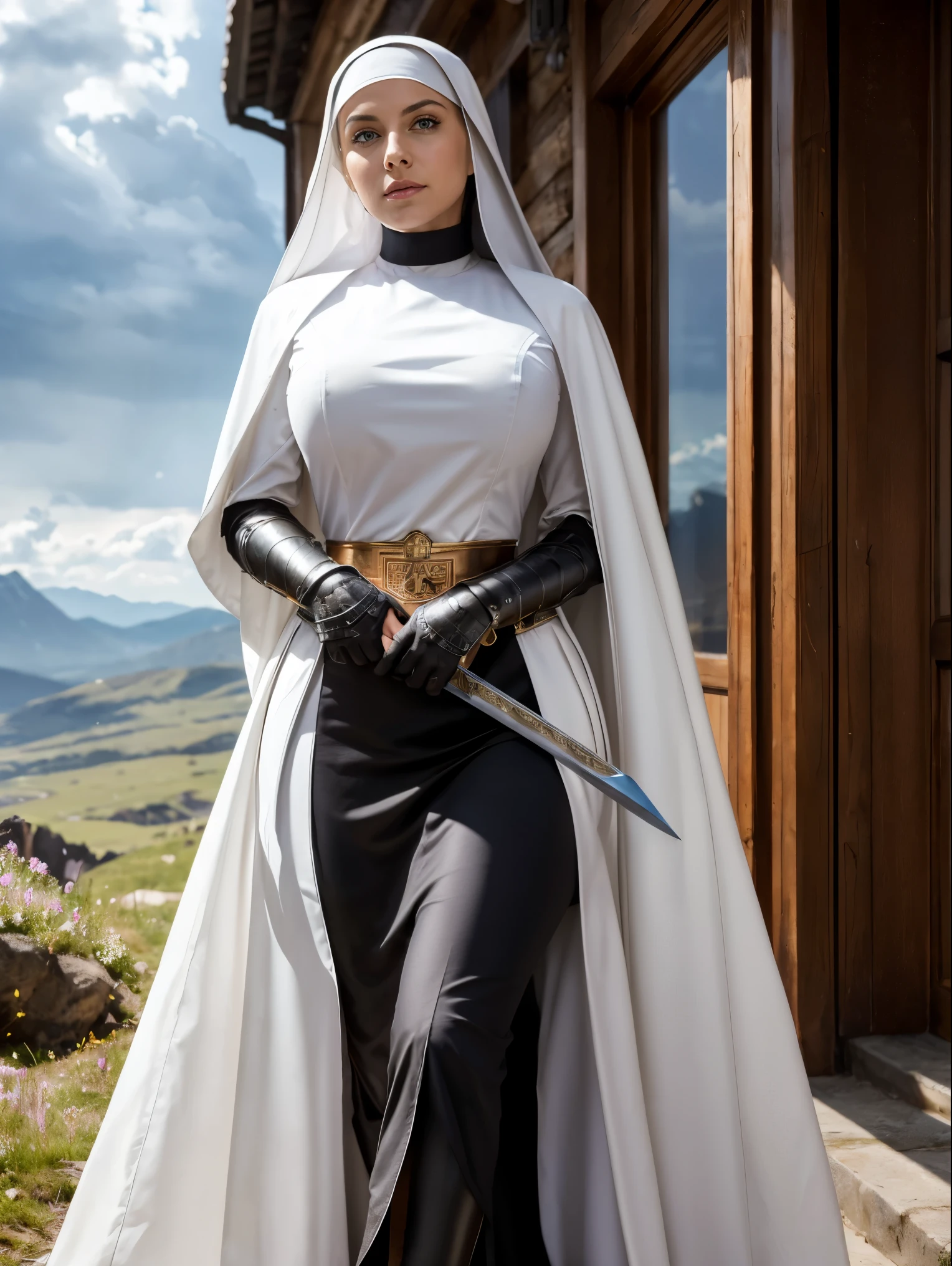 (masterpiece, top quality, best quality, official art, beautiful and aesthetic:1.2), (1girl:1.3), ((Sharp facial features, sharp features, hawkish features)), ((blue eyes)), busty brunette paladin knight girl, extremely detailed, portrait, looking at viewer, solo, (full body:0.6), detailed background, full-body shot, (warm mountain meadow theme:1.1), holy knight, (nun), charlatan, smirk, mysterious, swaying in mountains, armor, polished metal, gold trim, long boots, white fabric, pelvic curtain, robe, pale leather, ((((nun, greatsword, corona, holy aura, heavy armor, armored, long legs, pelvic curtain, toned, muscular)))), slim waist, slim hips, long legs, medieval (mountain exterior:1.1) background, dark mysterious lighting, shadows, magical atmosphere, dutch angle