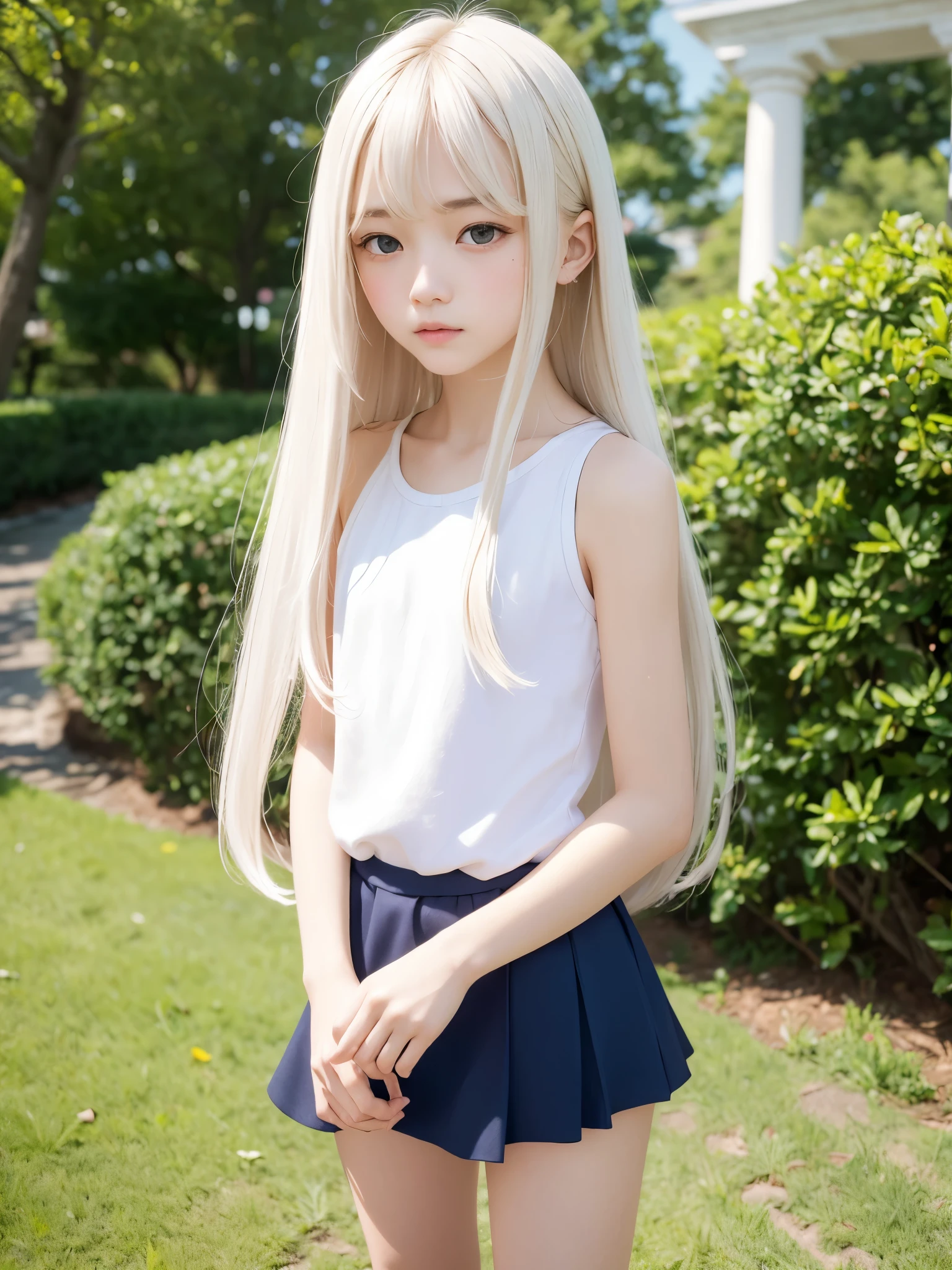 Outdoor、Swinging bangs、hair care、The ultimate beauty of a 10-year-old、mini skirt、Glossy white beautiful skin、Sexy and very beautiful、A very pretty face with ultimate beauty、Super long platinum blonde hair、Smooth straight hair、Big, clear, blue eyes、, ((petite)), ((little)), ((flat_chest)), ((skinny)), ((small ass)), ((slim thigh)),