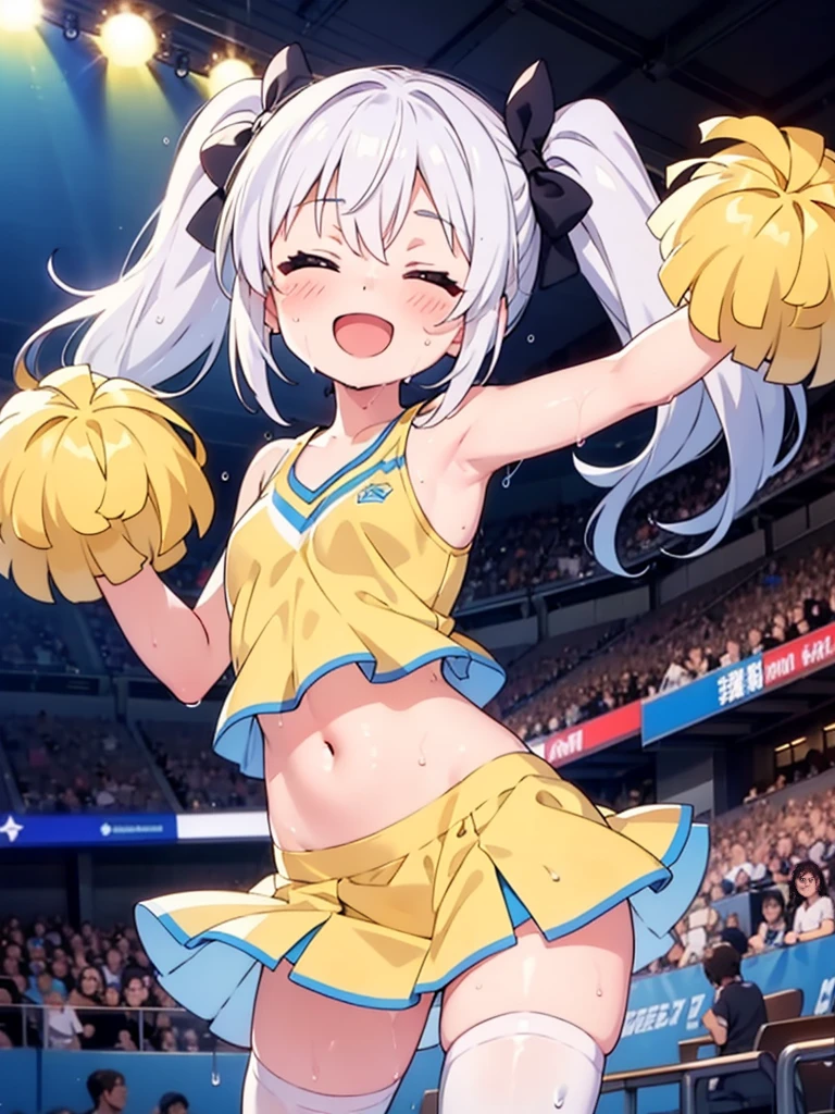 1girl, best quality, perfect hands, very long hair, white hair, white thighhighs, navel, bare arms, twintails, hair bow, very short skirt, cheerleader, cheergirl, blush, profuse sweating, wet, wet clothes, wet body, :d, closed eyes, armpits, happy, hand-cranked cheering flower, happy smile