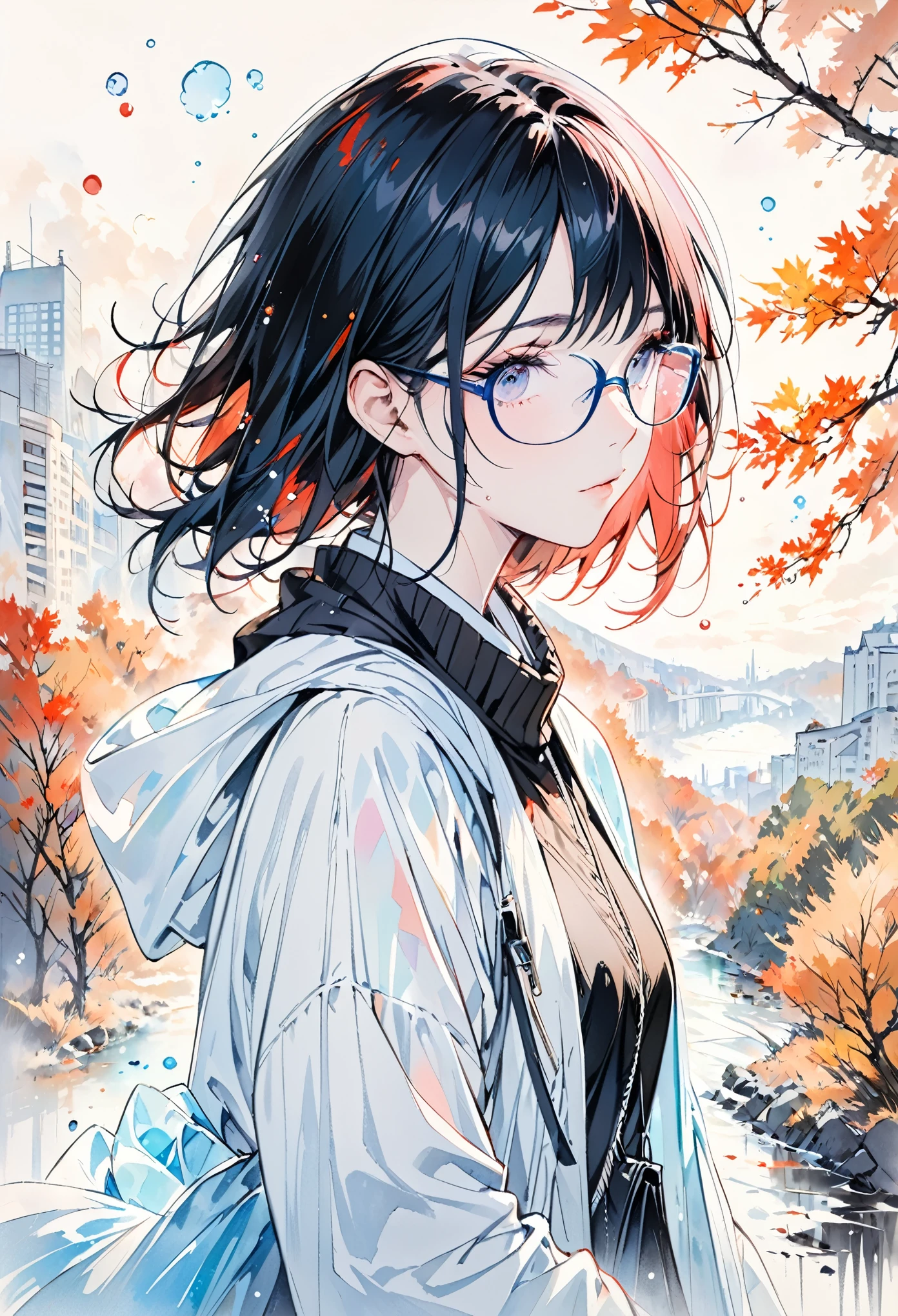 A painting by mse《Woman wearing glasses》，author：agnes cecile, Luminous design, Soft colors, Ink drops, Autumn Lights