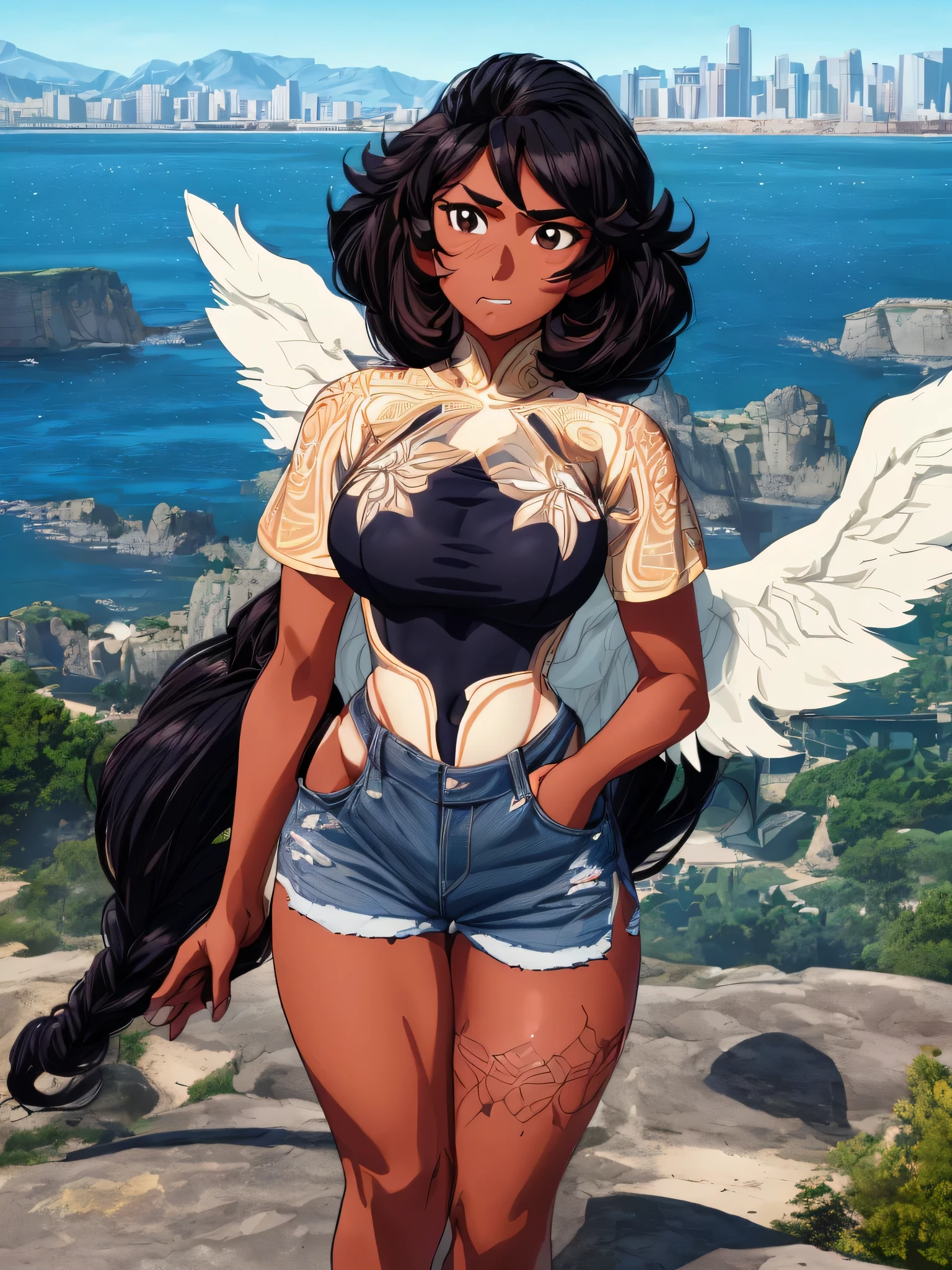 connie maheswaran age 25, ( extremely detailed CG, Mahagony-skinned female with dark Reddish-brown skin, black eyes, and phoenix back tattoo, wearing a full-body open back leotard, mini shorts with stars on the back pockets and a baret holding her black hair tight dragonbraid. strong , well-built, Perfect hourglass physique, amazing skin, strong oblong-shaped face, narrow convex hooked nose. strong, toned, wide heart hips,, biting lips enticingly, catching your eye, waving you closer to her). +( overlooking a coastal city with hands in her pockets,looking over her shoulder ,playful bottom hit) :+(view from behind, hd illustration, extreme long shot, rendered in Unreal Engine 5, hyper-realistic, , 128k, ultra - HD, intricate detail, super - res, webcomic animation, ink art, full-length portrait, wide-body shot, alluring aura and stare , ink art,Black ink,tattoo design outline, Lineart, brush art ,thin line animation, ultra-HD masterpiece, highest quality, highly detailed facial expressions,realistic expression, perfect piece, perfect prompt ,full length, best quality, intricately accurate facial and physical structure, intricately realistic expression and emotion, accurate colored complexion, accurate body anatomy, intricate bodypaint, complex hairstyles, intricate character detail, intricately expressive, intricate color design, complex emotions,)