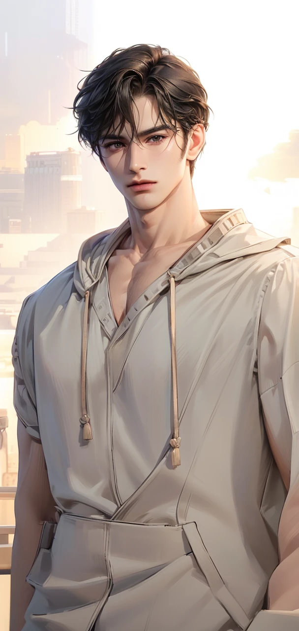 (masterpiece,best quality,ultra_detailed,highres,absurdres),1 mature male, 30-ish, (wide shoulder), ((no chest hair)), male focus, solo, dark black hair ,black eyes, short hair, looking at viewer, realistic, muscular, cute boys, 