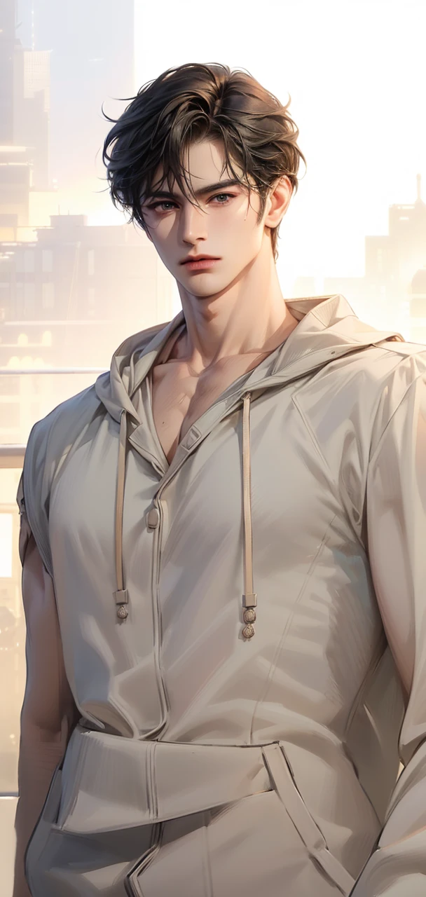 (masterpiece,best quality,ultra_detailed,highres,absurdres),1 mature male, 30-ish, (wide shoulder), ((no chest hair)), male focus, solo, dark black hair ,black eyes, short hair, looking at viewer, realistic, muscular, cute boys,