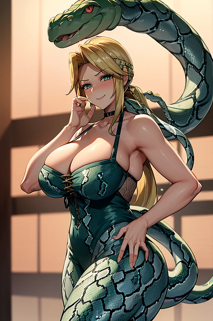 ((woman,Huge ,Huge breasts:1.4,とても唇が赤いHuge breastsを強調,Big Ass,Narrow waist,Long legs,Green Eyes立っている))
8k((Anime Style,A sloppy smile,What we are looking for,Face mischievous face,The facial expression is accurate))8k((Anime Style))
8k((Anime Style)Green Eyes)8k((Green Eyesの描写しっかり))
8k((Staring at me))
8k((Blushing))
8k((Ecstatic Face))
8k((snake:1.3))
8k((Snakeskin))8k((snakeの女)
8k(Lamia)
8k(下半身がsnakeのwoman:1.5)