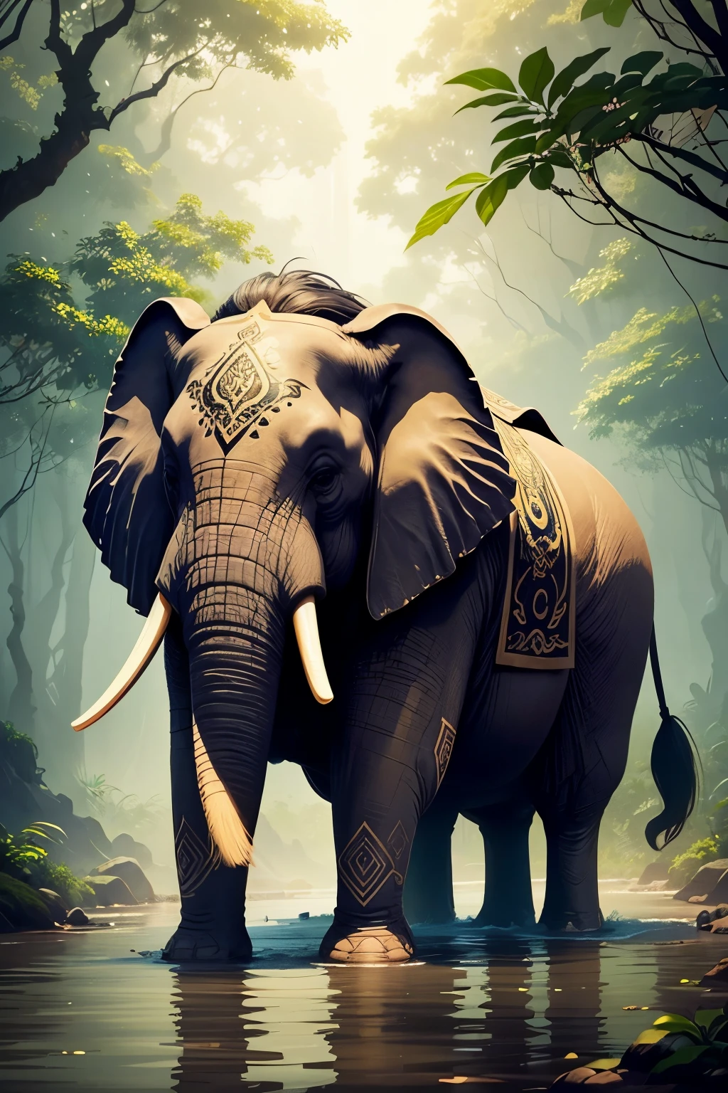 Draw a majestic Thai elephant standing by a serene riverbank in a lush jungle. The elephant should have detailed, textured skin with expressive, soulful eyes that reflect gentleness and wisdom. Surround the elephant with rich, vibrant greenery, colorful flowers, and perhaps a few butterflies or small forest spirits to add a touch of magic. Use soft, natural light to highlight the elephant's form and create depth, with dappled sunlight filtering through the trees. Consider adorning the elephant with traditional Thai decorations, like an ornate blanket, to emphasize its cultural significance. Ensure the entire scene is vibrant and alive, capturing the detailed and enchanting style of Studio Ghibli.