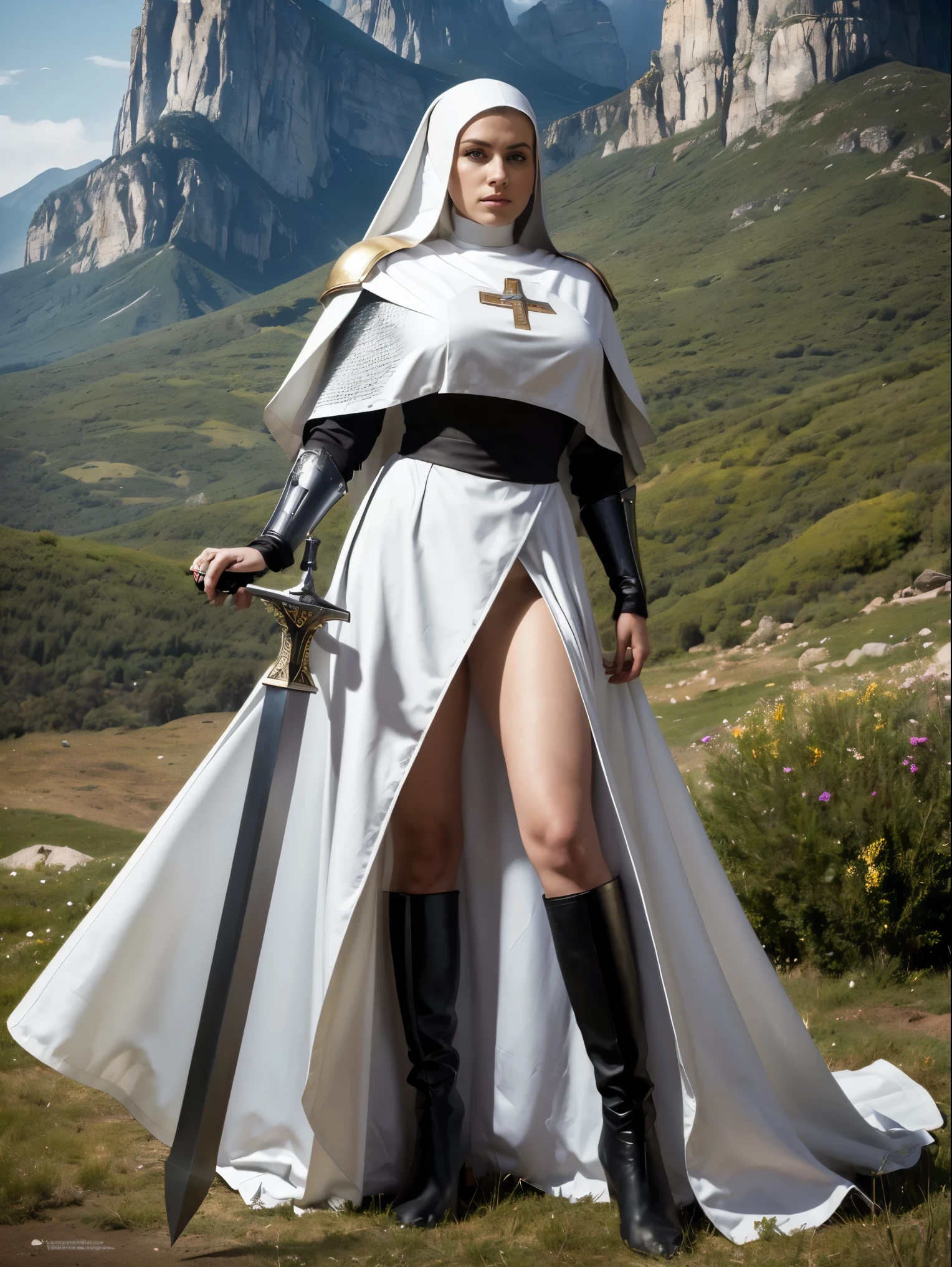 (masterpiece, top quality, best quality, official art, beautiful and aesthetic:1.2), (1girl:1.3), ((Sharp facial features, sharp features, hawkish features)), ((blue eyes)), busty brunette paladin knight girl, extremely detailed, portrait, looking at viewer, solo, (full body:0.6), detailed background, full-body shot, (warm mountain meadow theme:1.1), holy knight, (nun), charlatan, smirk, mysterious, swaying in mountains, armor, polished metal, gold trim, long boots, white fabric, pelvic curtain, robe, pale leather, ((((nun, greatsword, corona, holy aura, heavy armor, armored, long legs, pelvic curtain, toned, muscular)))), slim waist, slim hips, long legs, medieval (mountain exterior:1.1) background, dark mysterious lighting, shadows, magical atmosphere, dutch angle