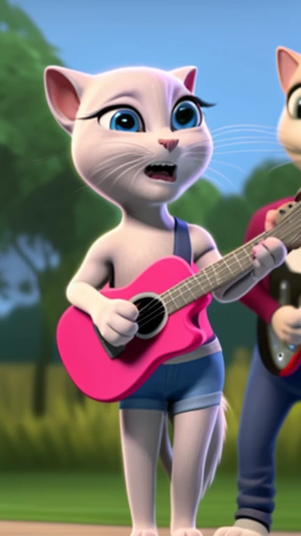 Talking Angela grabbed the microphone and started singing joyfully. She stood in the middle of the park, with a gentle breeze blowing around her. Meanwhile, Tom watched Angela in astonishment, his eyes wide and his mouth slightly open Guitar in hand