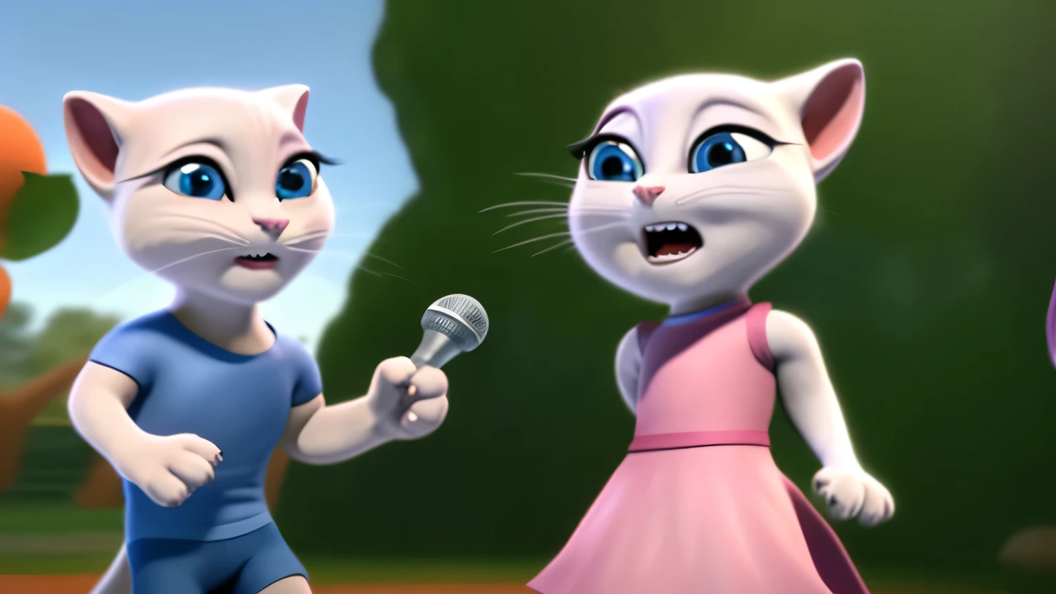 Talking Angela grabbed the microphone and started singing joyfully. She stood in the middle of the park, with a gentle breeze blowing around her. Meanwhile, Tom watched Angela in astonishment, his eyes wide and his mouth slightly open
