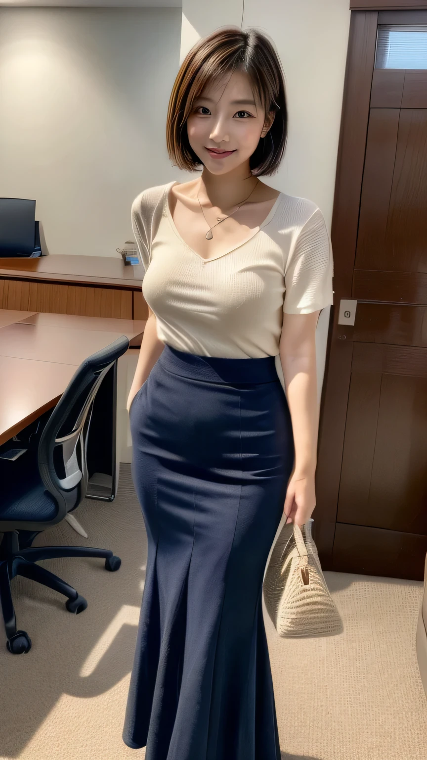 (highest quality, 8k, Tabletop, Ultra HD: 1.3), One Girl, Medium chest, Light brown hair, Blunt bangs, Hair behind the ear, Hair that falls over the shoulders, Long Hair, Slim figure, Ultra Fine Face, Delicate lips, Beautiful Eyes, double eyelid, lipstick, Ultra-thin needle, Very thin fingers, Short sleeve shirt, tight skirt with slit , Beautiful feet ,pumps.office