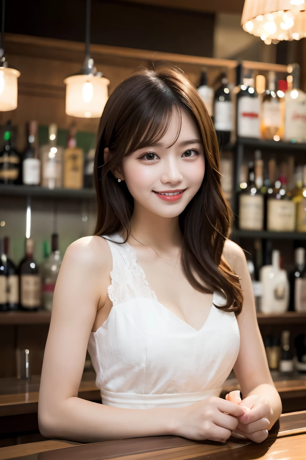 Happy smile seeing this、At the bar counter、they serve cocktails.、18-year-old, Cute Woman、Tabletop, highest quality, figure, Super detailed, In detail, High resolution, 8k wallpaper, Perfect dynamic composition, Beautiful fine details, dress, whole body,, Sexy Face,