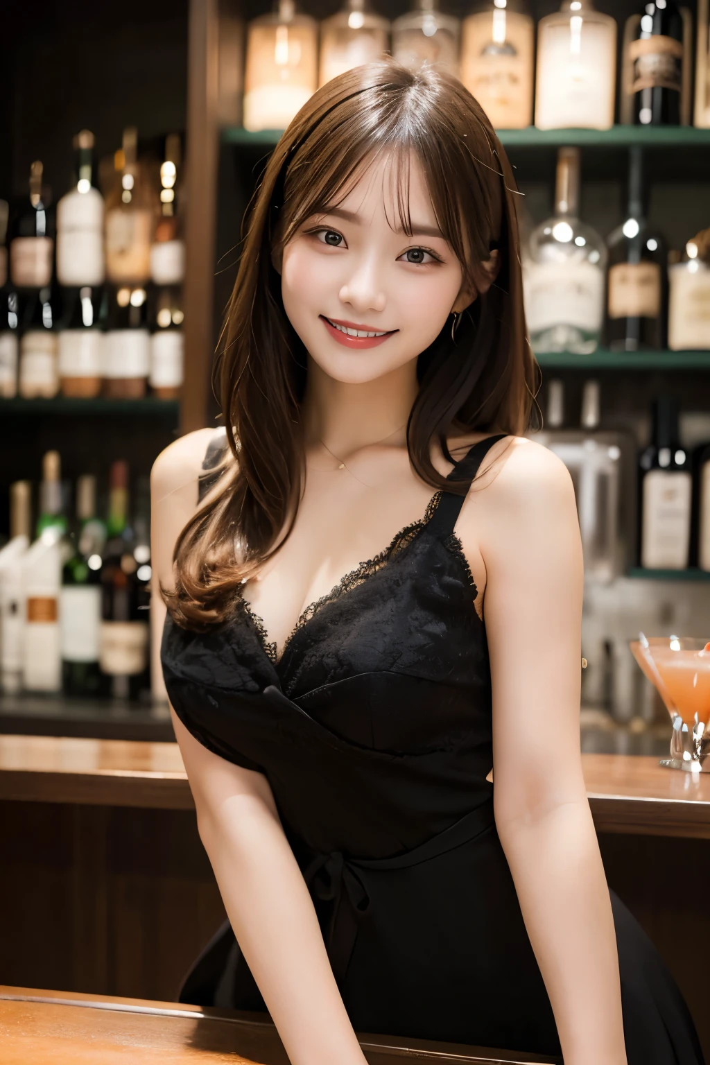 Happy smile seeing this、At the bar counter、they serve cocktails.、18-year-old, Cute Woman、Tabletop, highest quality, figure, Super detailed, In detail, High resolution, 8k wallpaper, Perfect dynamic composition, Beautiful fine details, dress, whole body,, Sexy Face,