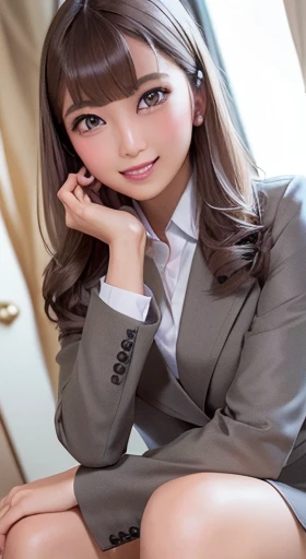 (highest quality, 8k, 32k, masterpiece, Ultra-high resolution:1.3), (Attractive Japanese women photos), ((1 girl)), ((Mid-chest:1.3)), Abdominal muscles, Perfect body, Highly detailed face, Detailed lips, Fine Eyes, double eyelid, ((Mature Woman)) Sexy Girl, beautiful girl, Incredible beauty, (Brown long hair:1.2)), office lady, ((Complex grey uniform:1.3)), ((Get closer to the face)), Smiling beautifully, The sunlight illuminated her beautiful face., Grey blazer, Early morning changing room, ((wing hair accessories)),Shot to the knee,