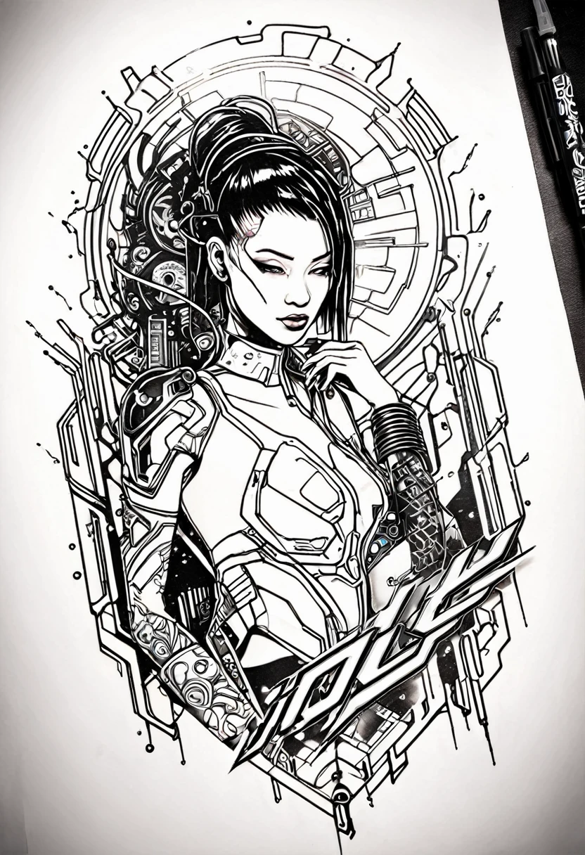 Generates a cyberpunk style tattoo design of a woman&#39;s face looking in profile with horror details
