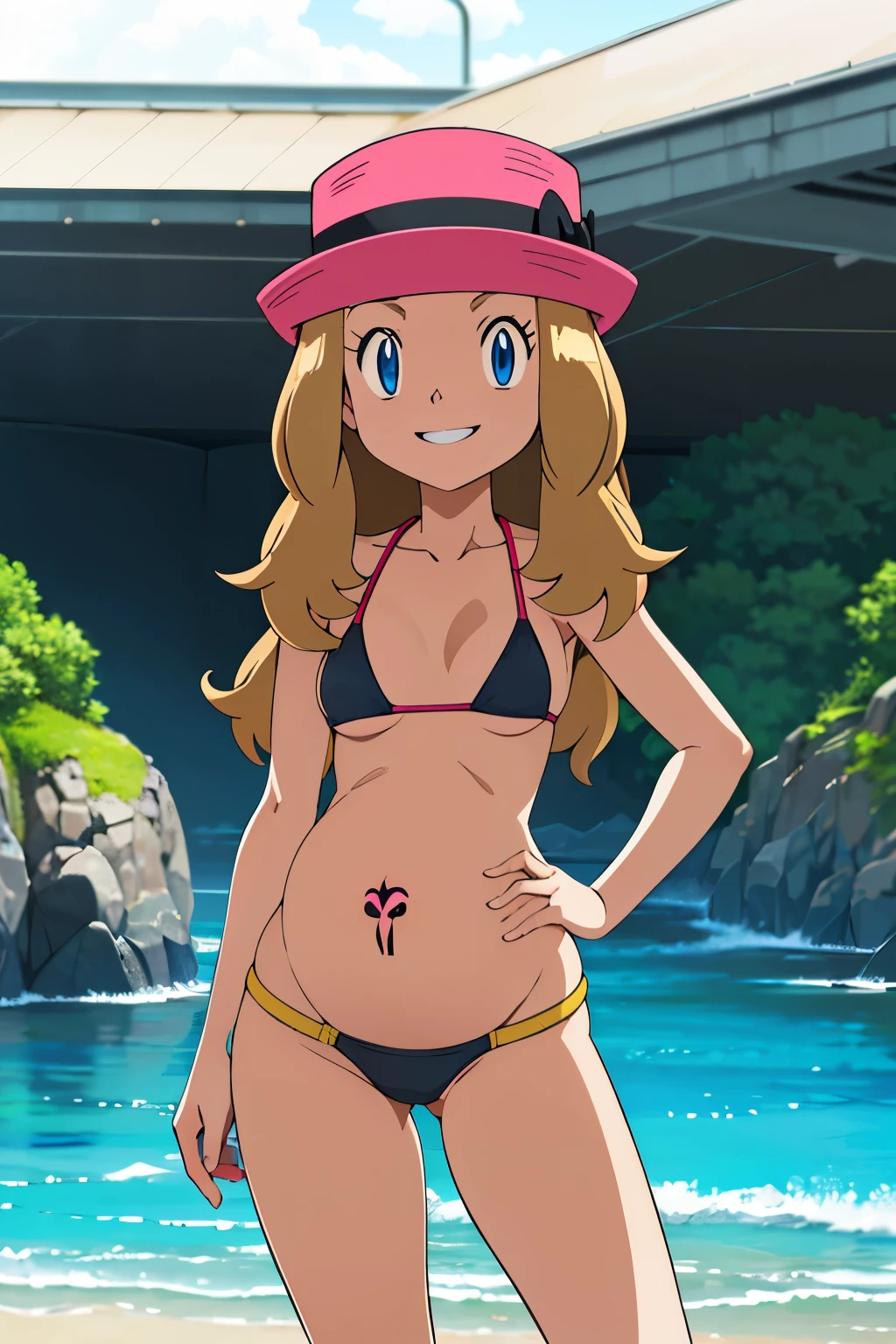 obra maestra, Mejor calidad, high resolution, al aire libre, 1 chica, Solo, serena (pokemon), sombreros rosas, bikini, microbikini, bikini negro, ropaajustada,, hombros descubiertos, mirando al espectador, embarazada, pregnant, sonrisa timida, rubor, senos medianos, pechos femeninos, sonrisa, manos en las caderas, de perfil, cuerpo de lado, acostada en la arena, lentes de sol, playa, fondo de playa, womb tatoo, sonrisa picara, mirada sugerente.
