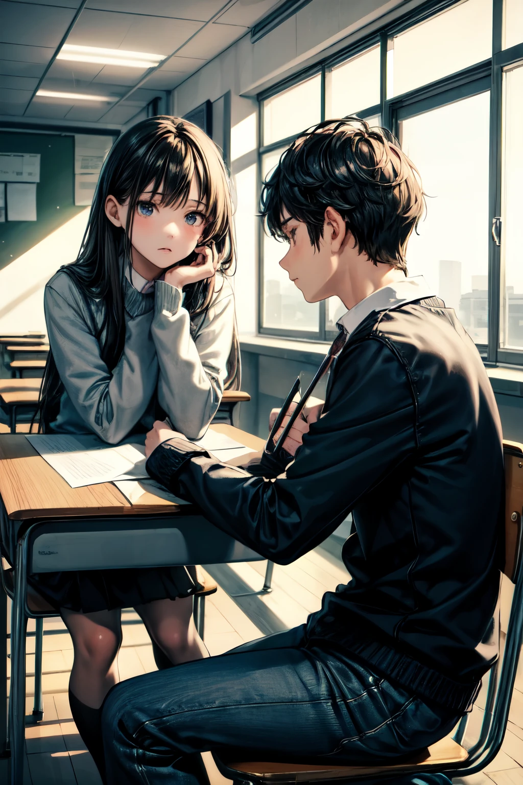 ((best quality)), ((masterpiece)), (detailed),(perfect face), A boy and a girl are sitting at a school table, not talking to each other. They have serious or indifferent expressions, avoiding eye contact. The table is empty except for a few scattered papers. The background shows an empty or sparsely populated classroom with minimal decor, and the lighting is dim or artificial, creating a dull and uninviting atmosphere.
