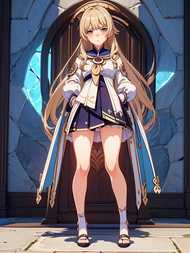 1 masterpiece, perfect image, genshin impact style, perfectly intricatey face, (((full body))), standing, legs apart. 8k quality, fine details. 1 girl, alone, mature woman, 26 years old long blonde hair, slanted eyes, medium eyes, aquamarine eyes, medium breasts, thick thighs. skirt, jacket , open jacket, hood, jacket,  puffy sleeves, long sleeves, anemo style  clothing. Looking at the viewer embarrassed, (((very exaggerated pout))), (((pouting))), (((puffy cheeks))) covering his crotch. Accidental exposure, (((crotch exposed))), lifting skirt, upskirt, micro white panties, public indecency, exhibitionism. 