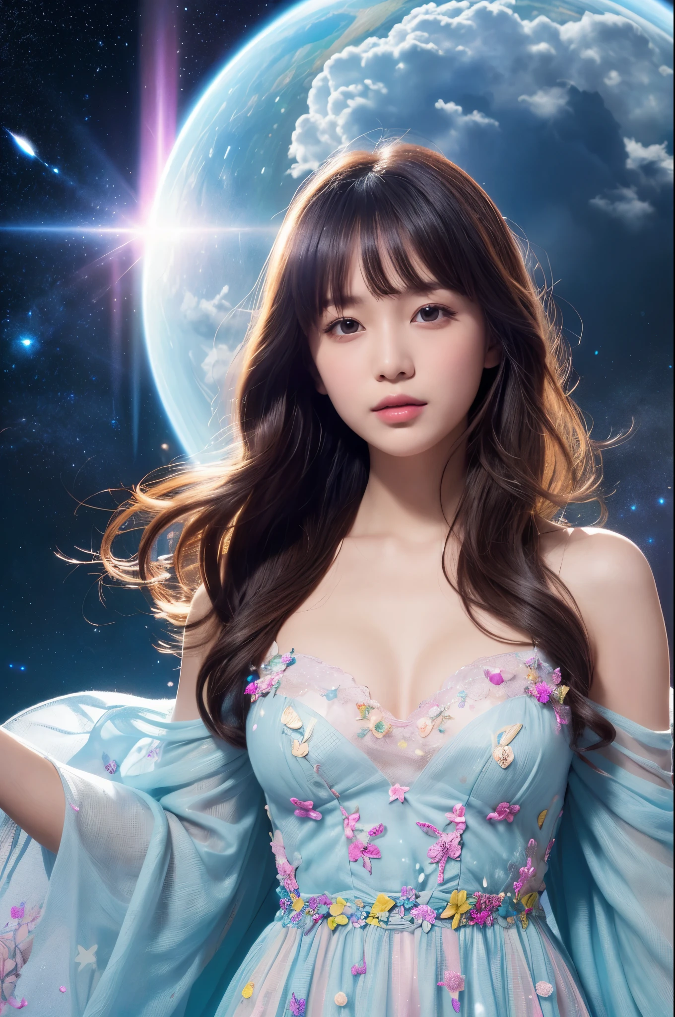 A very cute face like an idol、Looks like a young face、20-year-old female、Gentle and cute、Cleavage、Beautiful starry sky、(Looking up at the night sky)、((Dim lighting))、RAW Photos、Genuine、live-action、(Romantic)、(Artistic Expression)、(Fantasy)、High resolution、masterpiece