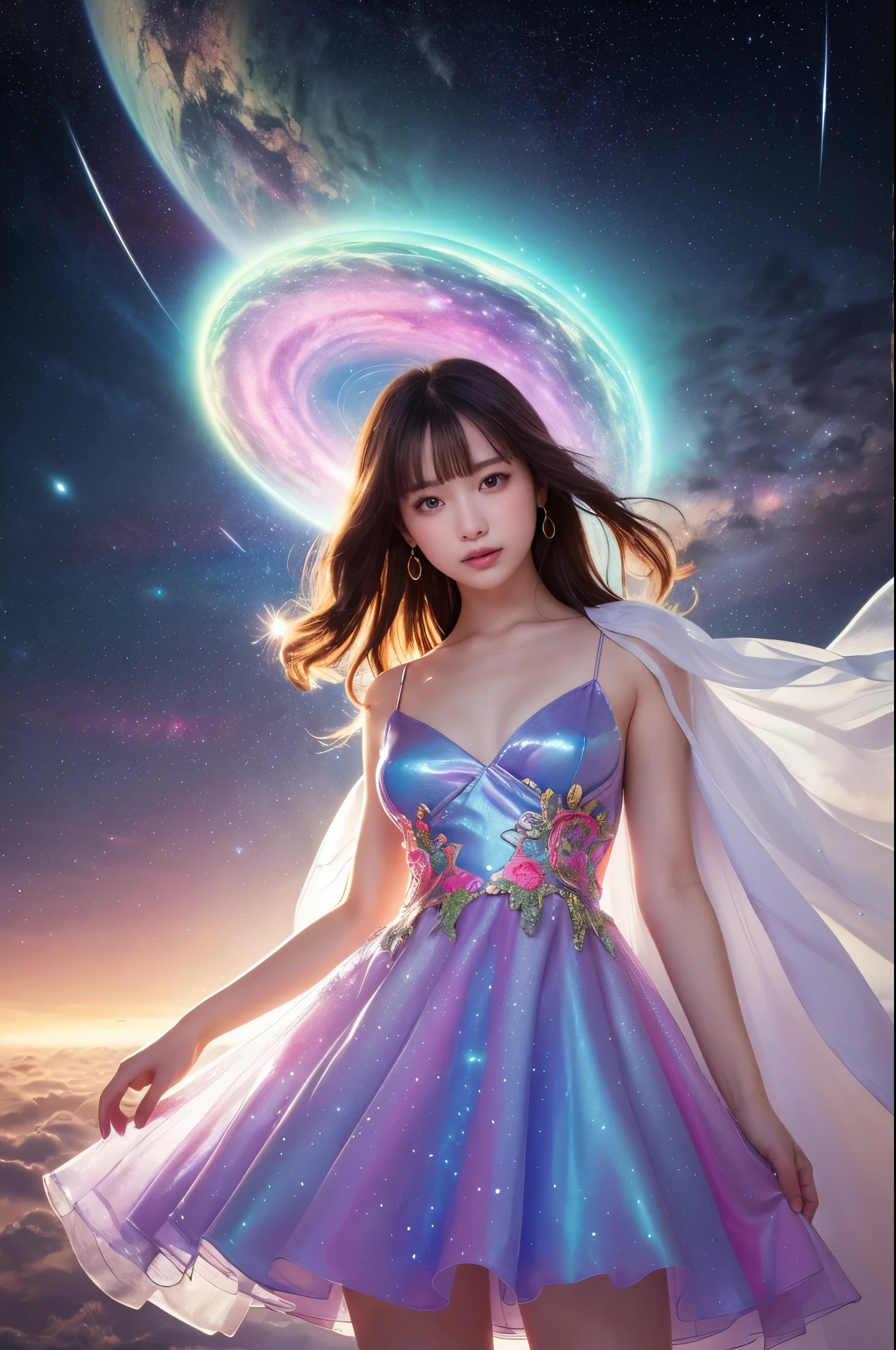 (Realistic) A girl in cloud universe and shining stars and galaxy, wearing (すっきりandエレガント) dress, Surrounded by (Vibrant and colorful), Light particles surround the surroundings, Heaven opens to a galactic vortex. she (Beautiful details) 目and (Beautiful details) lips. The dress is made of a light material. The girl&#39;s hair is flowing down (ゆったりand自然) curl, sheに追加する (Gentle and easy-going) exterior. She is holding a glowing orb that has swirls of color. The big picture is (highest quality, High resolution) and (Super detailed) テクスチャand (Realistic) color. A dreamy and fantastical color palette. The lighting is soft, 微妙な影を落andす. 8K Cinematic, Volumetric lighting, Golden Ratio