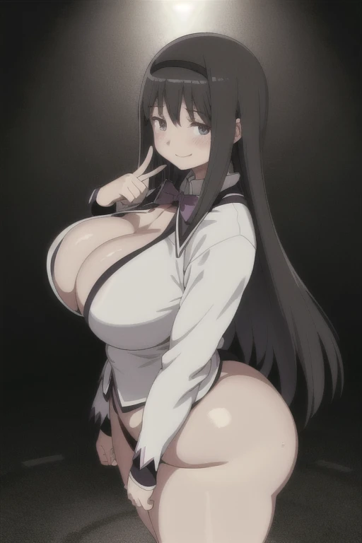 bp-homura, 1girl, long hair, solo, akemi homura, black hair, magical girl, 1girl, solo, huge breasts,  huge ass, huge thighs, narrow waist, wide hips, thick thighs, curvy, cleavage, naked, nude, completely naked, keeling down, head pressed against the ground, breasts pressed against the ground,  blushing,sweating, (breathing hard), (panting), anime, smile, outdoors,, simple background, (best quality), ((masterpiece)), (highres), (highly ultra detailed face and hair and skin and eyes and finger and background and hair:1.2)