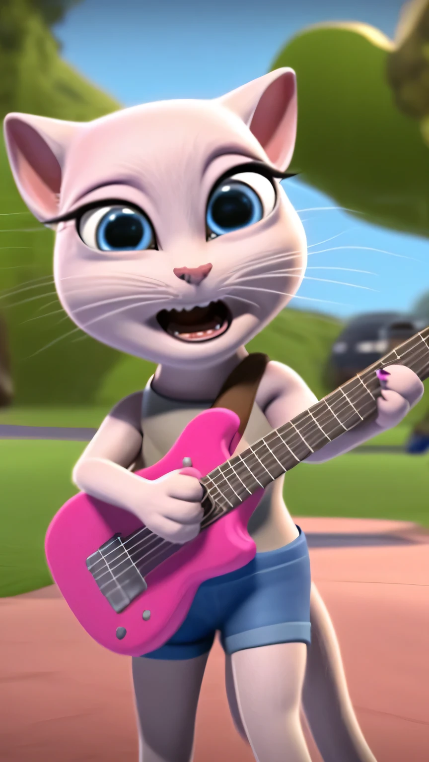 Talking Angela grabbed the microphone and started singing joyfully. She stood in the middle of the park, with a gentle breeze blowing around her. Meanwhile, Tom watched Angela in astonishment, his eyes wide and his mouth slightly open Guitar in hand