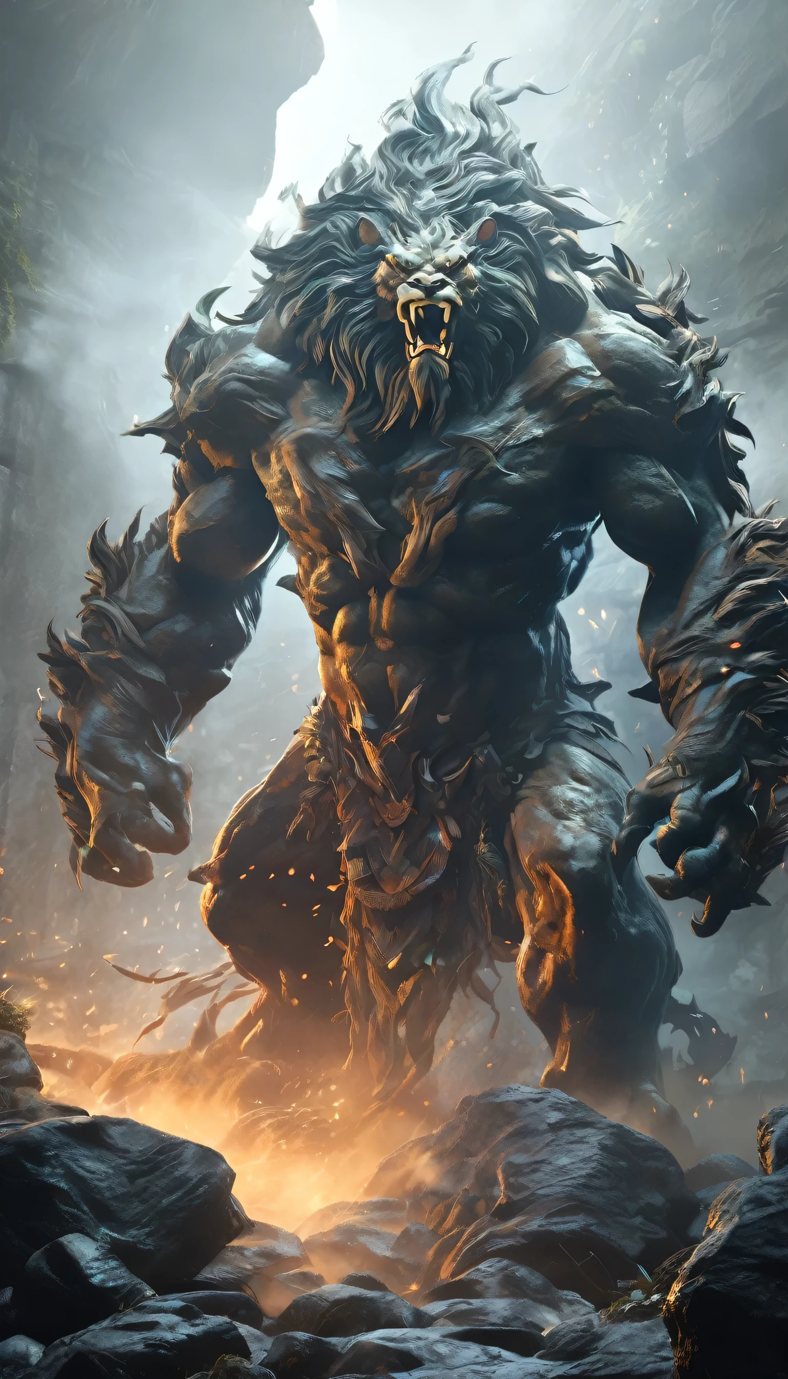 masterpiece,Cool magical creatures,Giant made of stone,Roar,Violent and cruel,majestic,petrified skin,Strong limbs,Struggle in the jungle,struggle,Random light and shadow,Glowing special effects simple style,mist,(Full body portrait:1.4),European and American fantasy style,perfect,,emphasize,bright colorful shades,Ink background,overclocked renderer,Best image quality,high resolution,Dynamic perspective
