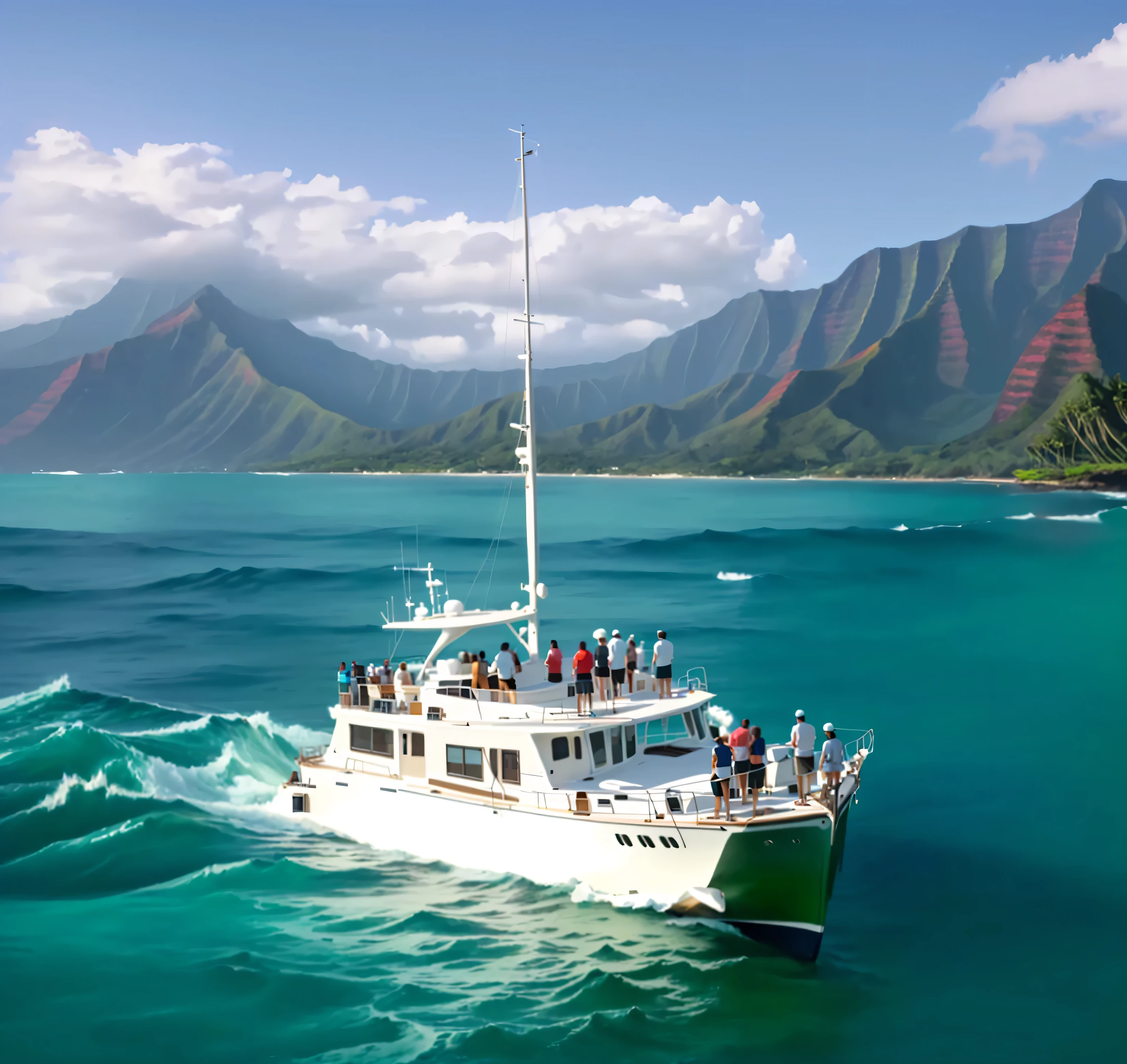 arafed boat with people on deck sailing in the ocean, kauai, 8k h- 0, ( ( ( kauai ) ) ), big island, ( ( ( ( kauai ) ) ) ), on the ocean, stunning view, bottom - view, beautiful views, 4 0 9 6, mana, hawaii, wide overhead shot, boat in foreground