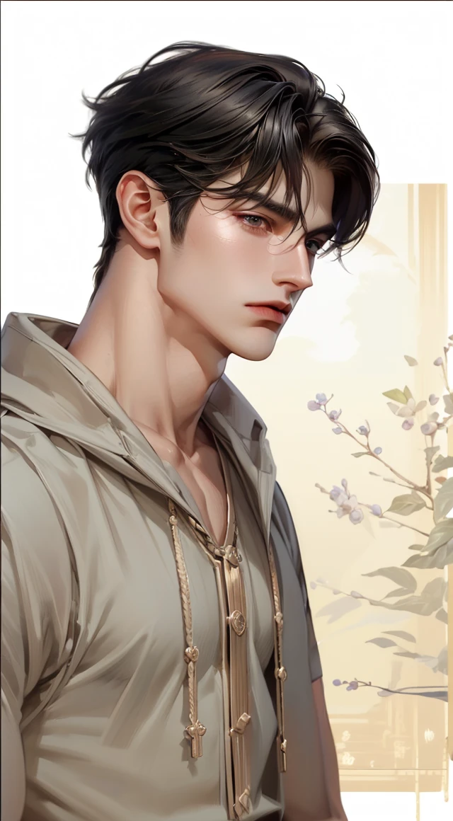 (masterpiece,best quality,ultra_detailed,highres,absurdres),1 mature male, 30-ish, (wide shoulder), ((no chest hair)), male focus, solo, dark black hair ,black eyes, short hair, looking at viewer, realistic, muscular, cute boys, handsome boy realistic, Muscle body,