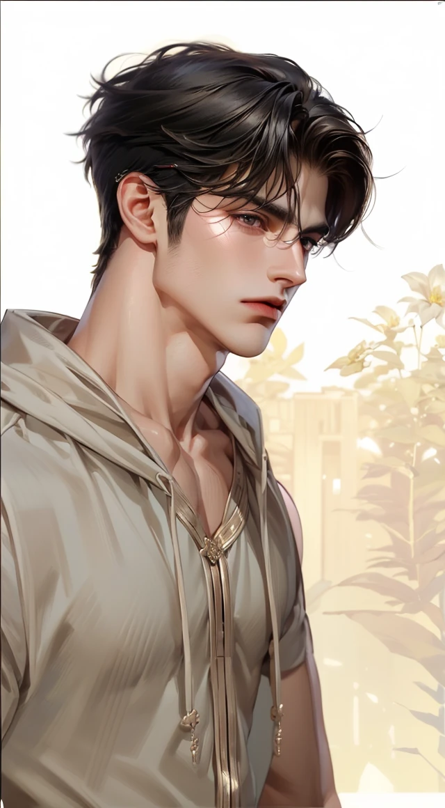 (masterpiece,best quality,ultra_detailed,highres,absurdres),1 mature male, 30-ish, (wide shoulder), ((no chest hair)), male focus, solo, dark black hair ,black eyes, short hair, looking at viewer, realistic, muscular, cute boys, handsome boy realistic, Muscle body,