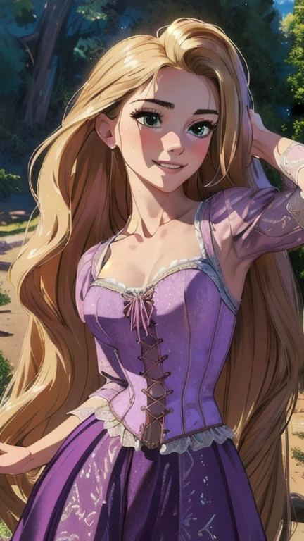 (masterpiece:1.2), (highest quality), (Super detailed), (8k, 4K, Complex),(Half Body:1.2),(cowboy:1.2),(Very detailed:1.2),(Detailed face:1.2), (Detailed Background),(Portraiture),Detailed landscape,  (Dynamic pose:1.2),Rapunzel One Girl, alone, Long Hair, smile, Blonde Hair, dress, very Long Hair, Green Eyes, Arms crossed, corset, purple dress