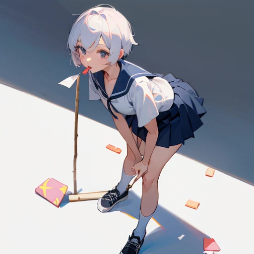 Full body, female, white short sleeved shirt, navy blue mini skirt, white socks, black shoes, standing, upper body leaning forward, candy with stick in mouth, tongue protruding, one hand over mouth, other arm down and fingers spread