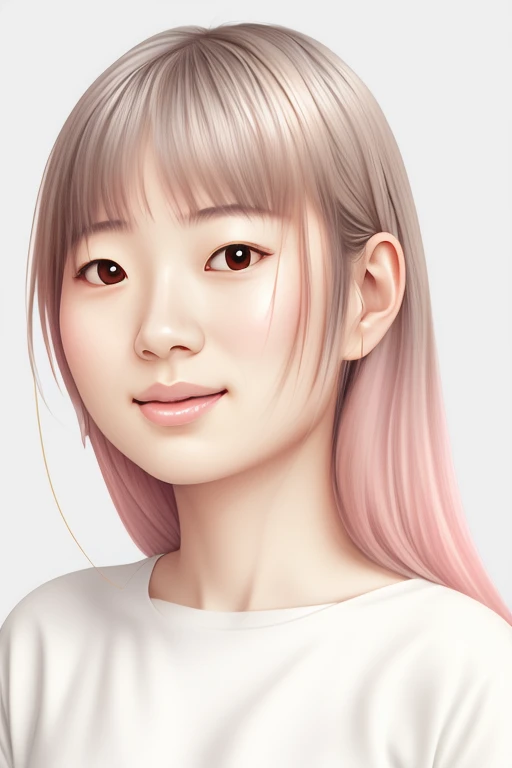 Ultra minimal, clean lines featuring a highly captivating and expressive portraiture of a delicate and ethereal young Japanese woman, smiling,representing tranquility. Light grey lines, off-white background, subtle gold and pink watercolor fill, illustration,wong-wedok