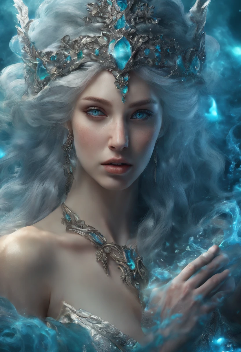 ((best quality)), ((masterpiece)), (detailed), perfect face Aphrodite, holding an orb, in wrath, mythical scene , water wrapped around body, perfect body, perfect face, perfect hands, hold an blue flames astral orb, floating on water, blue flames eyes, wavy long hair, no dress, body exposed, disclose, ethereal white dragon, ethereal water, ethereal, massive smoke, blue-green smoke, feet on clouds, UHD, ultra detailed, hyper realistic, surrealism, epic realism, shiny body, glowing