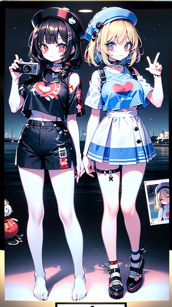 (printed polaroid photo\(2females AND 2females\(cute,kawaii,smile,hair floating,hair messy,black hair,long hair,twin tails hair,pale skin,skin color blue,eyes are red,red eyes shining,big eyes,swim wear,(punk fashion:1.4),\) AND 2females\(big smile,wave blonde,blue eyes,big eyes,dark skin,heart hands sign,breast,swim wear\),background\((seashore:1.3)\)\):1.3), BREAK ,SIGMA 85 mm F/1.4,golden hour,award-winning,a photo of 2females,quality\(8k,wallpaper of extremely detailed CG unit, ​masterpiece,hight resolution,top-quality,top-quality real texture skin,hyper realisitic,increase the resolution,RAW photos,best qualtiy,highly detailed,the wallpaper\),cute pose,from below,80's_jiaopian,(polaroid:1.5)