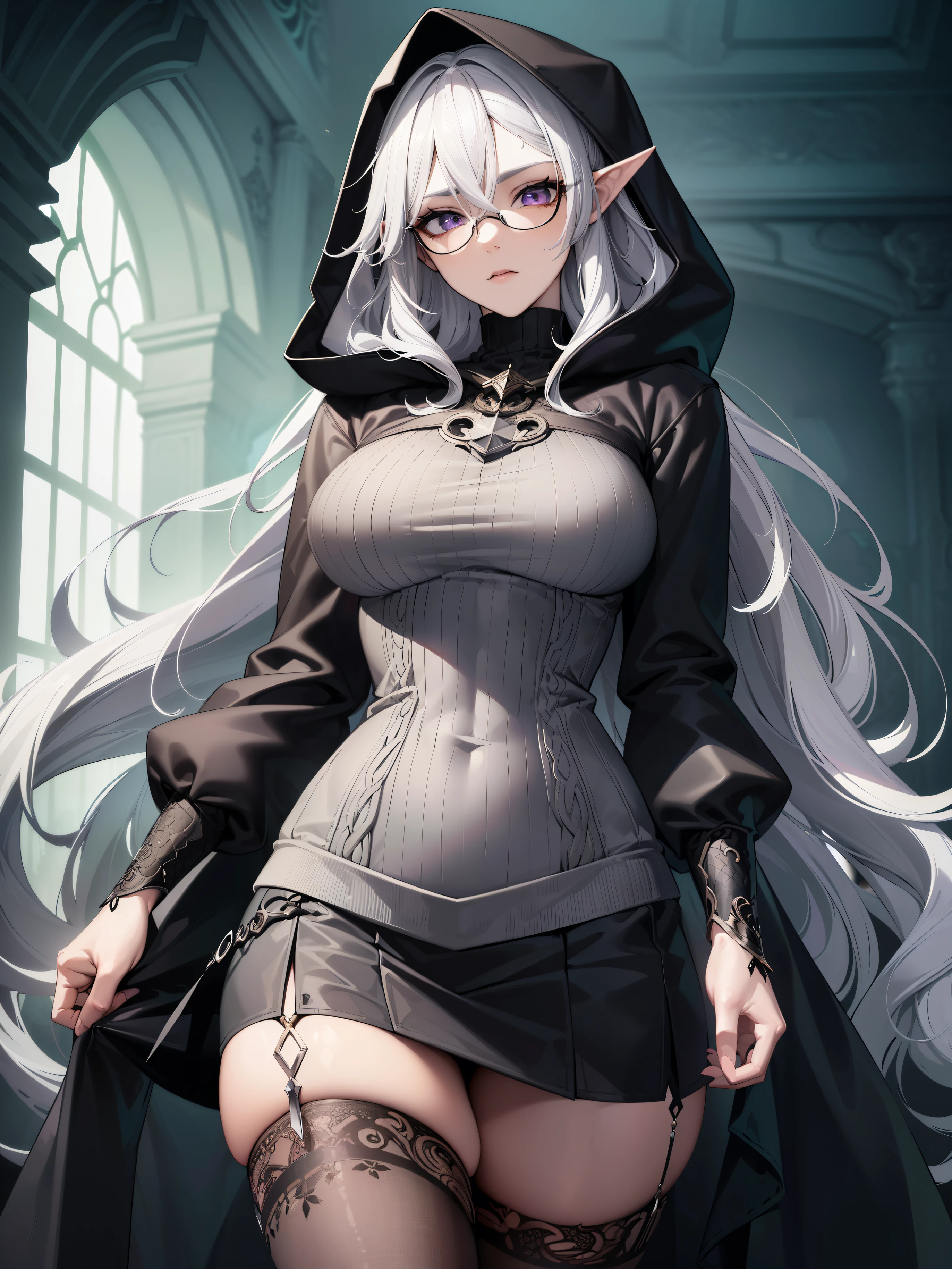 (masterpiece), 1girl, best quality, perfect face, erotic expression, beautiful 19yo Elf teen, white hair, ((purple eyes)), glasses ((big eyes)), Lady, (dark makeup),((Scanty clothes)) ((Wavy hair)) ((Long hair)), (skirt), slender well toned body, hot, ((Long sleeves)), ((gray hooded sweater)) black stockings, fishnet, (perfect breasts 0.8), (greyish green skin) high quality,best quality, 8k_wallpaper,extremely detailed eyes,extremely detailed body,extremely detailed finger, (large masterpiece digital art), (detailed manga illustration), (detailed line art), ((perfect)) anatomy, best hands)), (intricate details:1.3), (ultra-detailed:1.3), (illustration:1.3), (sharp focus:1.3), (natural lighting:1.05), (vivid colors:1.3), fantasy dungeon environment,