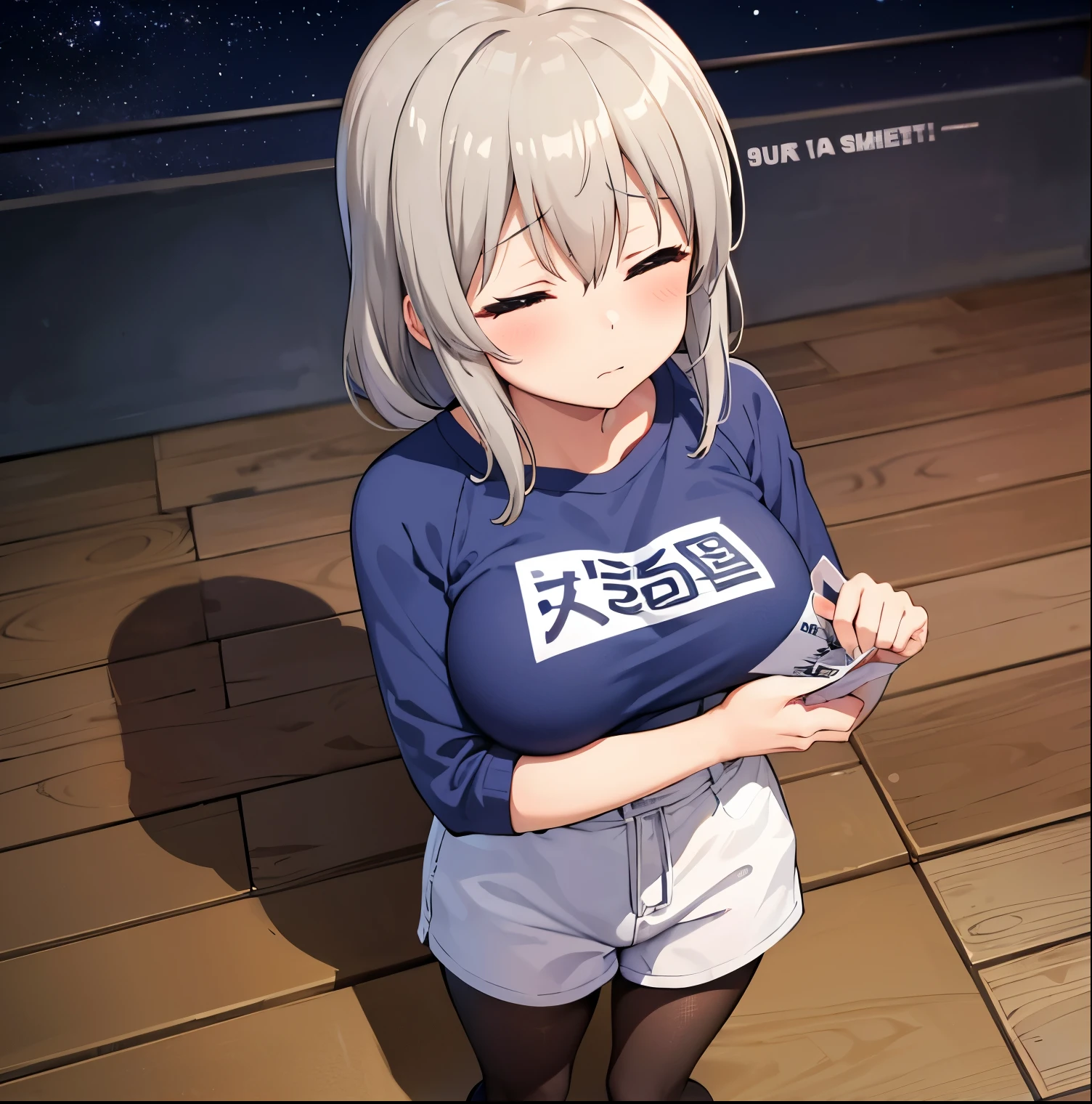 1girl, alone, uzaki tsuki,masterpiece,  large breast, standing, from above,looking at viewer, pov, front view, night, (uzaki tsuki:1.2), narrow eyes, eyes closed, troubled face, closed mouth,shirt, raglan sleeves, (romaji text), (((clothes writing:1.5))), long sleeves, denim shorts, pantyhose, fang , sexy body, perfect hands, perfect anatomy 