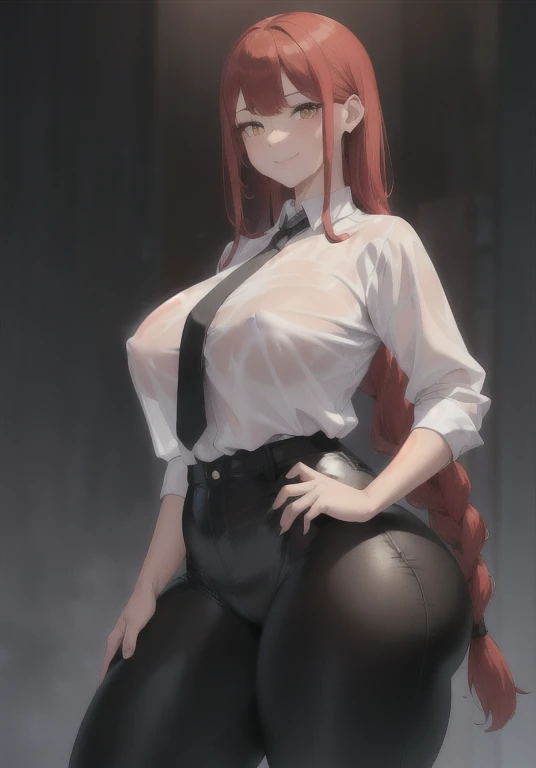 (masterpiece:1.2, best quality:1.2, beautiful, high quality, highres:1.1, aesthetic), detailed, extremely detailed, ambient soft lighting, 4K, perfect eyes, perfect face, perfect lighting,perfect female body, perfect breasts, perfect hips, perfect anatomy perfect hands makima \(chainsaw man\), best quality, ultra detailed, 1girl, solo, standing, red hair, long braided hair, golden eyes, bangs, huge breasts, huge ass, huge thighs, narrow waist, wide hips, thick thighs, curvy, tight black pants, white shirt, wet shirt, see through shirt, necktie, stare, smile, looking at viewer, (interview:1.3),