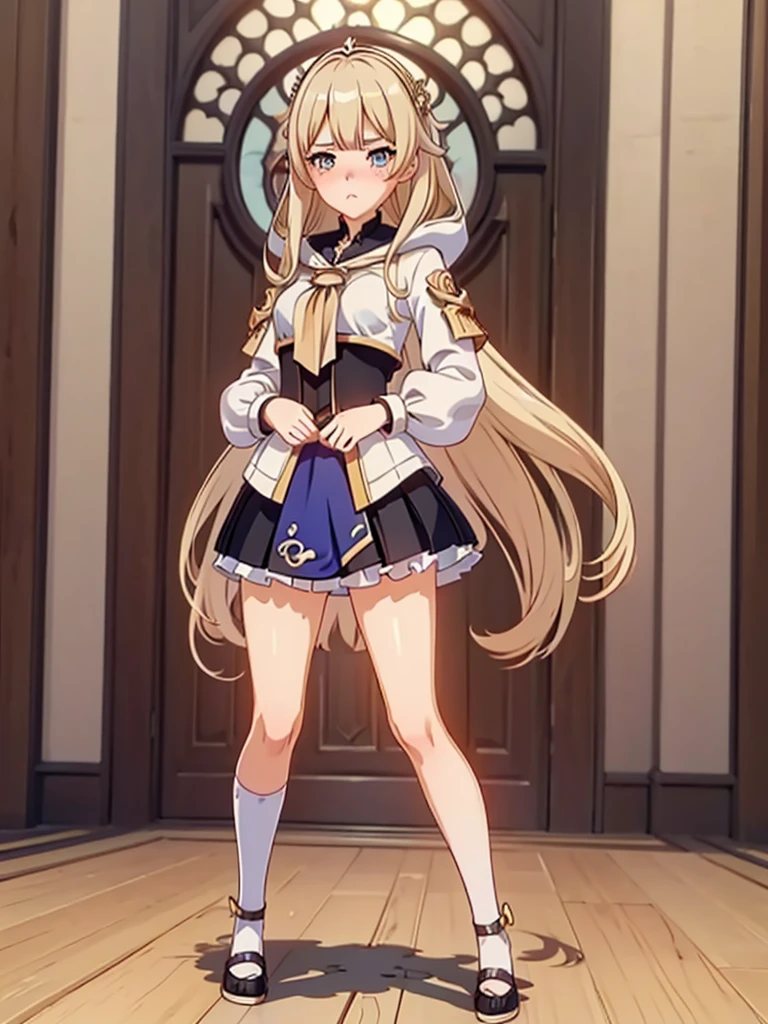 1 masterpiece, perfect image, genshin impact style, perfectly intricatey face, (((full body))), standing, legs apart. 8k quality, fine details. 1 girl, alone, mature woman, 26 years old long blonde hair, slanted eyes, medium eyes, aquamarine eyes, medium breasts, thick thighs. skirt, jacket , open jacket, hood, jacket,  puffy sleeves, long sleeves, anemo style  clothing. Looking at the viewer embarrassed, (((very exaggerated pout))), (((pouting))), (((puffy cheeks))) covering his crotch. Accidental exposure, (((crotch exposed))), lifting skirt, upskirt, micro white panties, public indecency, exhibitionism. 