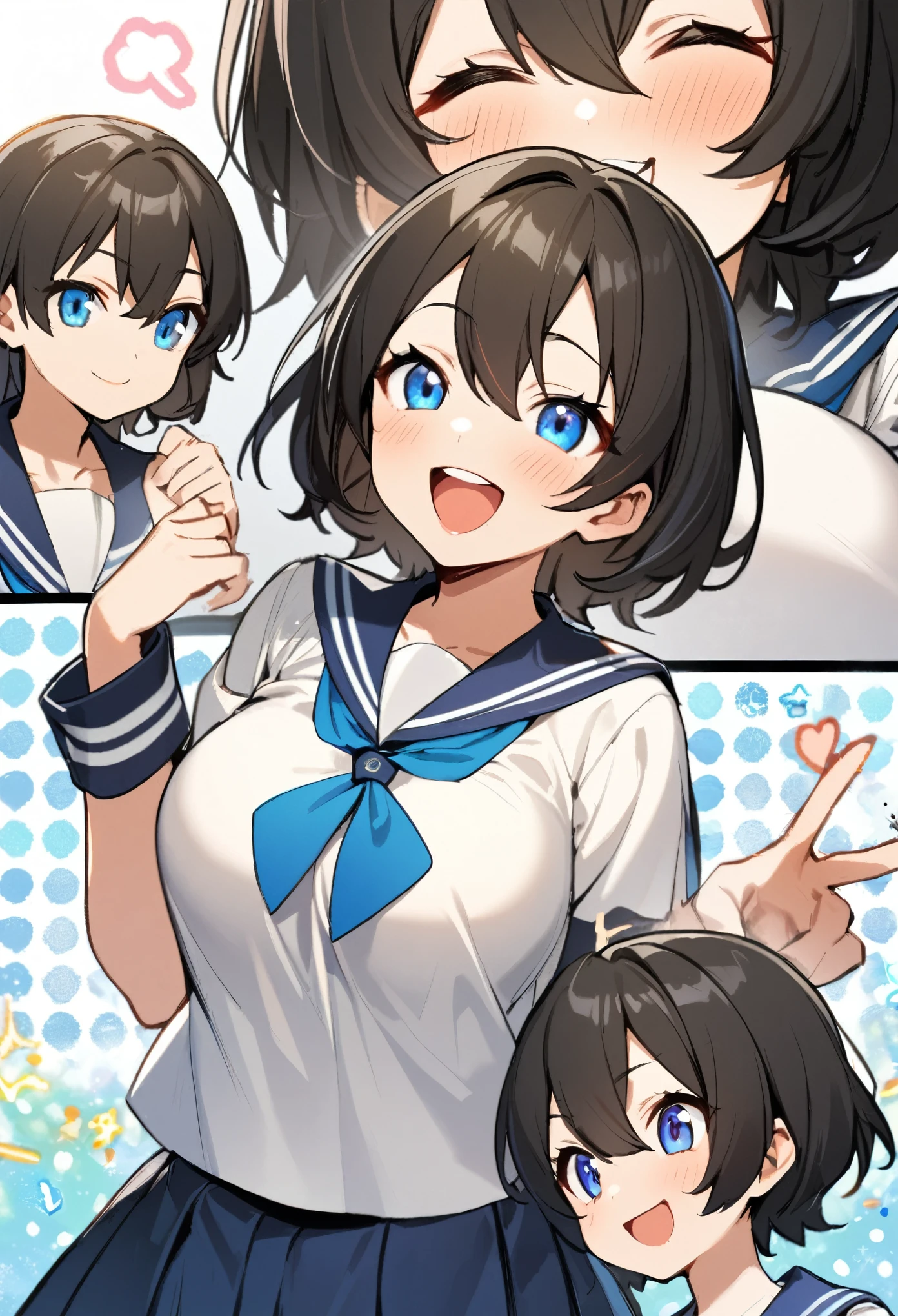 1girl, sailor uniform, 14age, big breasts, smile expression, black hair, blue eyes