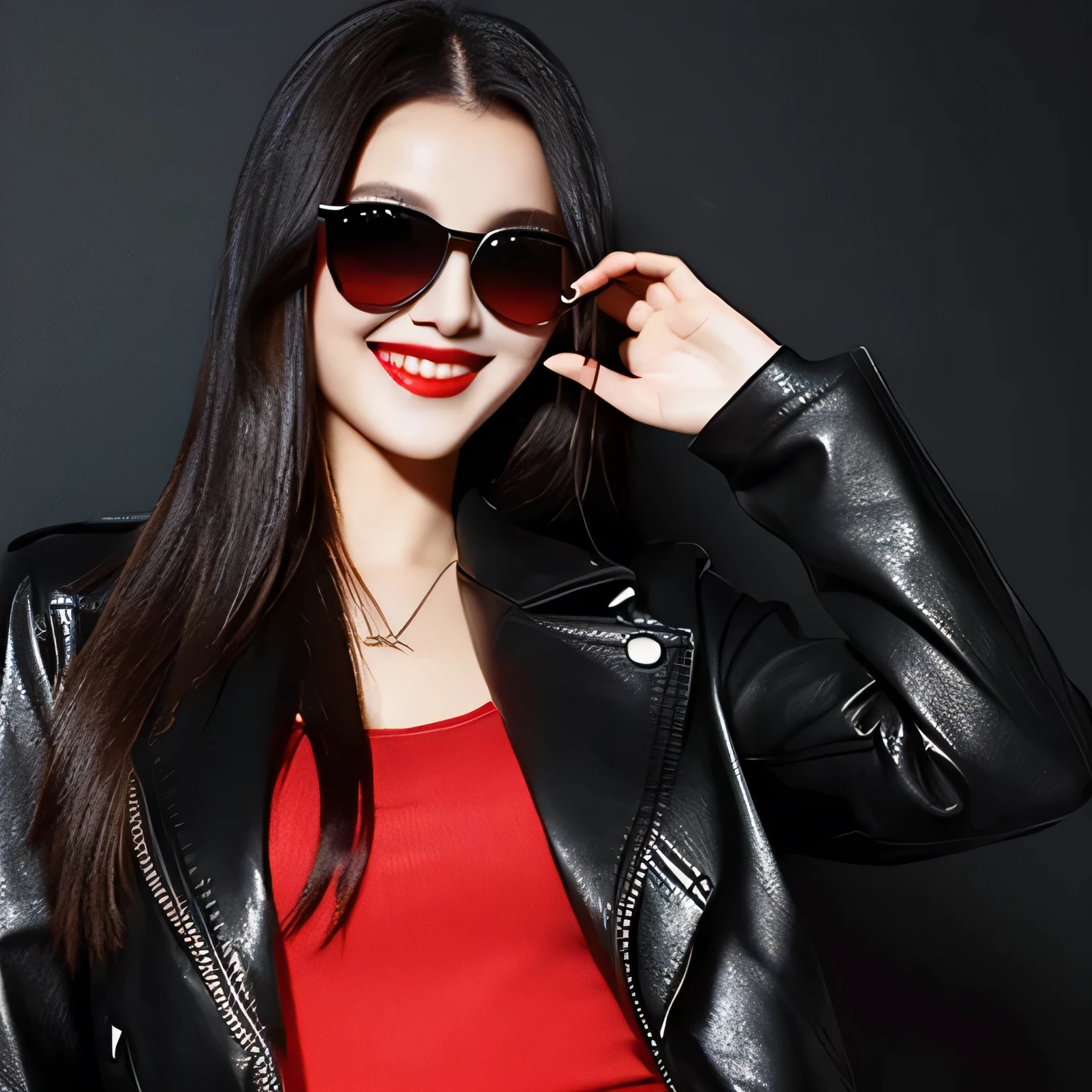 Female, Stylish, Foxy pitch black sunglasses, dark hair, leather jacket, long straight hair, bright red lips, dark background, smiling drink