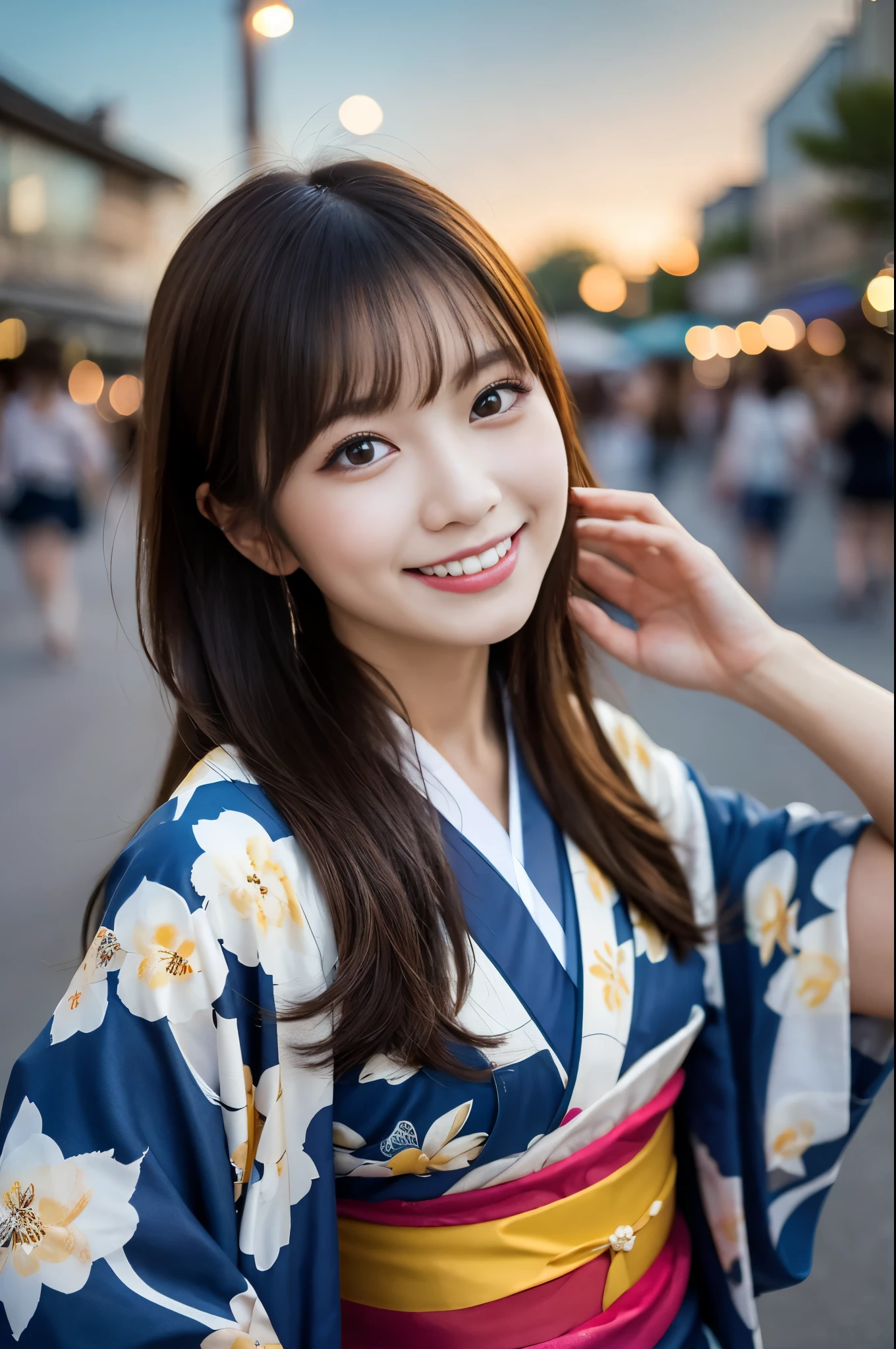 Looking into the camera,(((highest quality, 8k, masterpiece))), Sharp focus, (Beautiful woman with perfect figure), thin, (Hairstyle: Excellent)), ((kimono: Cane)), street: 1.2 非常に詳細な顔と肌の質感 詳細な目 double eyelid ランダムな姿勢, (smile),sExcellenter cute Japan person,sExcellenter beauty Japanese girl, Realistic Face, double eyelid,smile,Summer festival , At sunset , Beautiful Teeth , Fireworks Background.