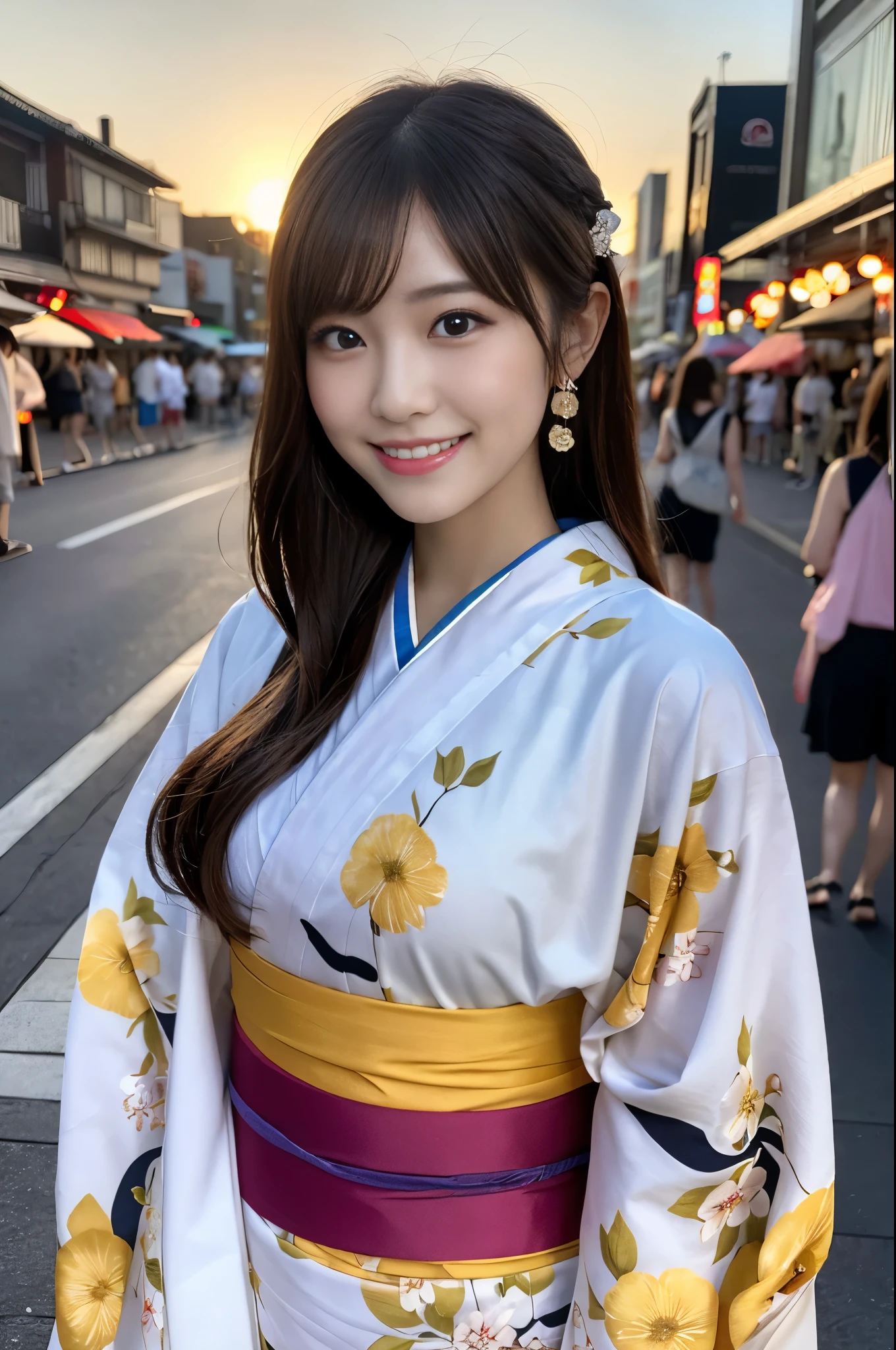 Looking into the camera,(((highest quality, 8k, masterpiece))), Sharp focus, (Beautiful woman with perfect figure), thin, (Hairstyle: Excellent)), ((kimono: Cane)), street: 1.2 非常に詳細な顔と肌の質感 詳細な目 double eyelid ランダムな姿勢, (smile),sExcellenter cute Japan person,sExcellenter beauty Japanese girl, Realistic Face, double eyelid,smile,Summer festival , At sunset , Beautiful Teeth , Fireworks Background.