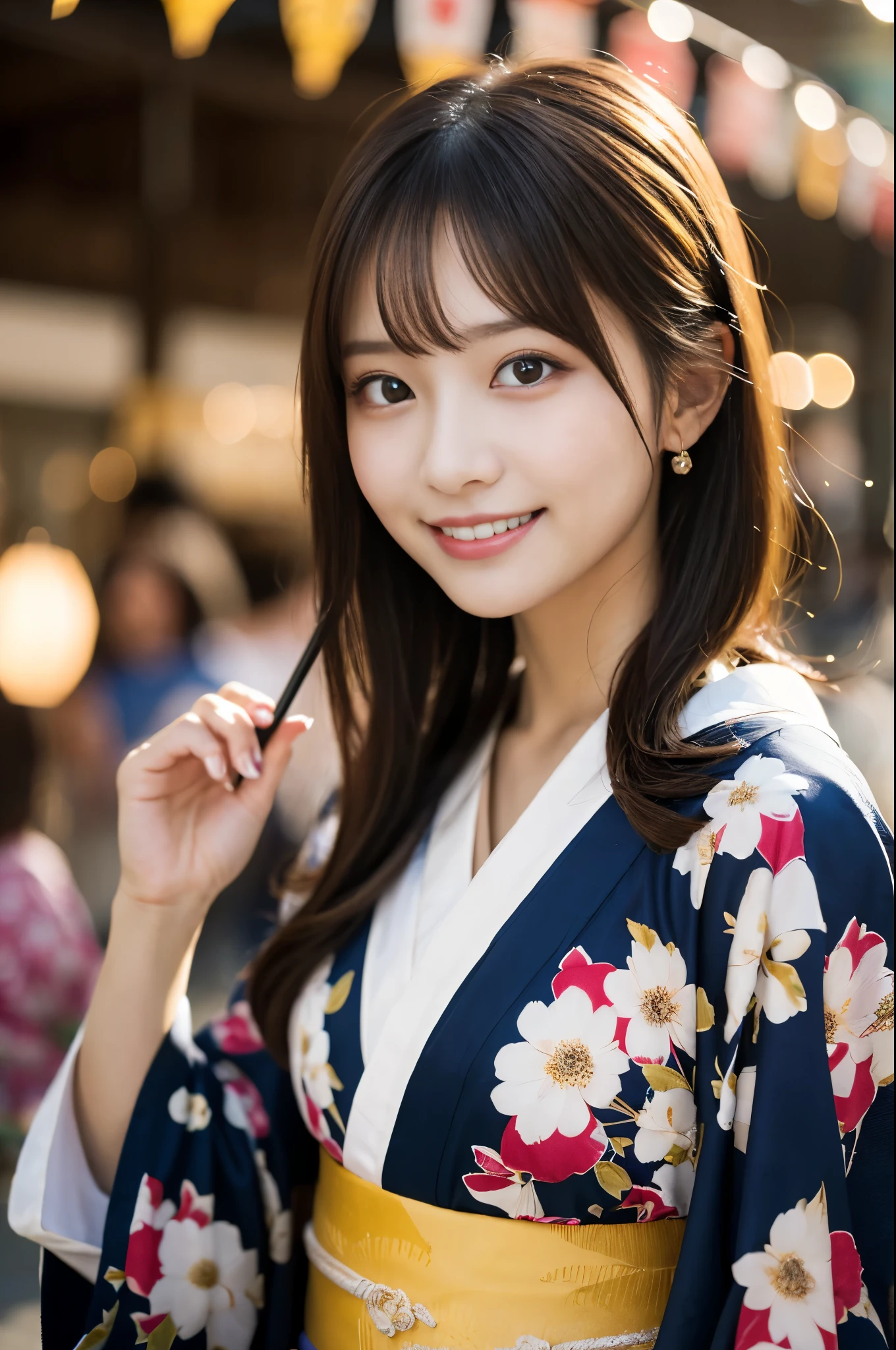 Looking into the camera,(((highest quality, 8k, masterpiece))), Sharp focus, (Beautiful woman with perfect figure), thin, (Hairstyle: Excellent)), ((kimono: Cane)), street: 1.2 非常に詳細な顔と肌の質感 詳細な目 double eyelid ランダムな姿勢, (smile),sExcellenter cute Japan person,sExcellenter beauty Japanese girl, Realistic Face, double eyelid,smile,Summer festival , At sunset , Beautiful Teeth , Fireworks Background.