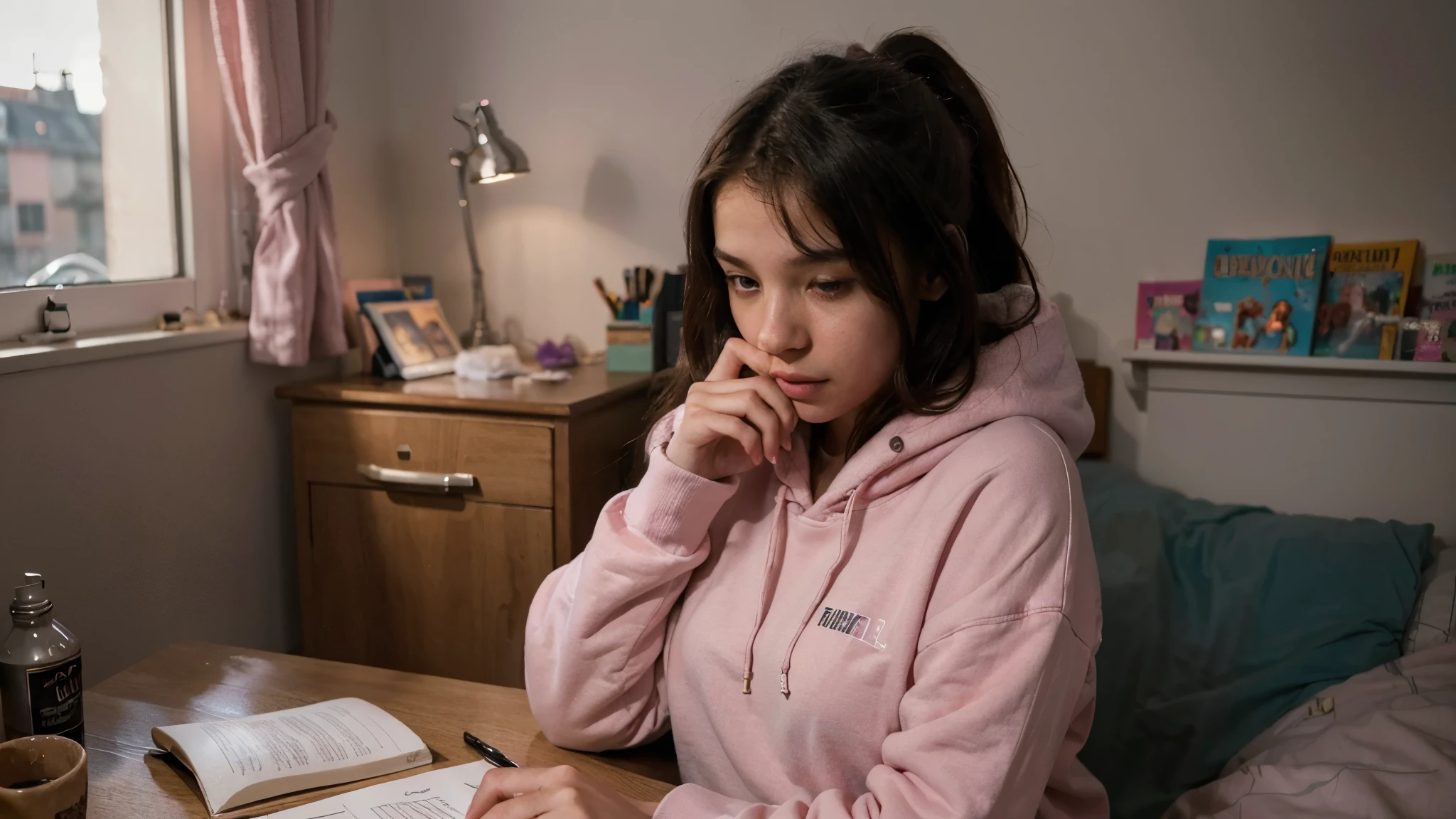 "Photorealistic scene of a girl in a pink hoodie studying at night on her desk in her bedroom. The room has dark, lo-fi aesthetic with dim, warm lighting. The girl is focused on her books, and in the background. The atmosphere is serene and studious, capturing the calmness of late-night study sessions.
