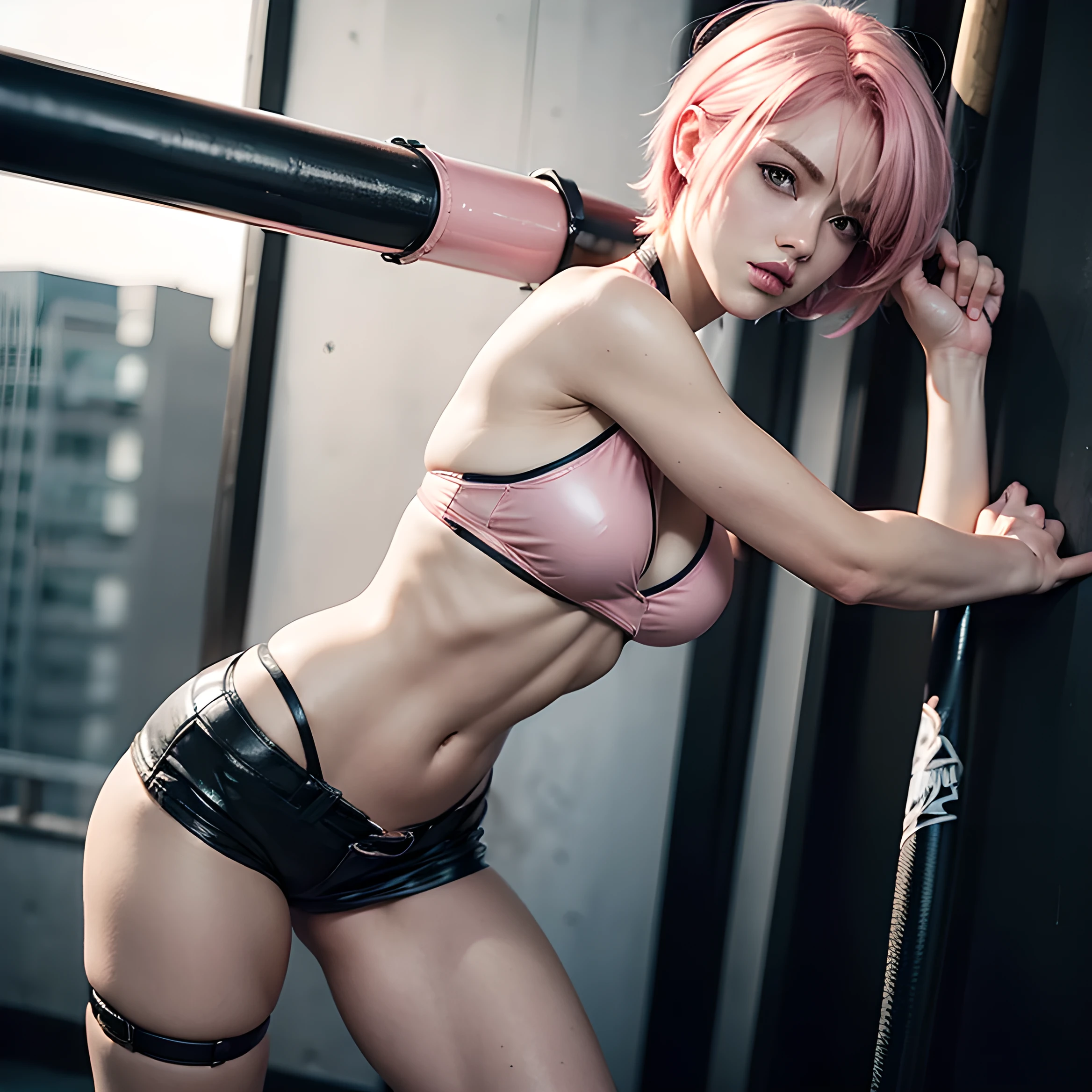 (((top quality: 1.4))),(A masterpiece like no other in history), (ultra high resolution),(Ultra-realistic 8k CG), official art,dynamic pose,dynamic angle,((Have a baseball bat:1.0)), (((adult body))), (((1 girl))), ((( bob short hair ))), punk girl with perfect body, jacket with metal spine,Beautiful and well-shaped face,((See here)),elaborate punk fashion,leather jacket, (Image from head to thighs),((Pink bob short hair )), ((small leather micro sling bikini:1.0)), Simon Bisley's urban and brutal style,Detailed street background of London,beautiful abs, Complex graphics, (( Lots of poisonous tattoos )), earrings,