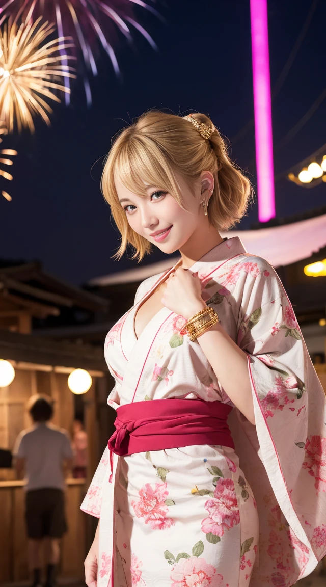flying debris、highest quality、An illustration、highest quality、Understood、High resolution、8k wallpaper、Perfect dynamic composition、(((Ezvian Everywhere)))、((From below))、Beautiful and cute 20 year old girl、Beautiful face in every detail、Delicate and cute eyes、Fine skin、Red cheeks.、shy、(Semi-short hair:1.3)、(wavy blonde hair)、Small breasts、Bold sexy pose、smile、Small breasts、Between the legs、Small Ass、Thin ass、Generated on the eaves.、Narrow shoulders、wavy blonde hair、blonde、Heart-shaped earrings、smile、、Gold bracelet、Summer festival、in yukata、Wear a yukata with a large floral pattern、Yellow obi, pink obi cord、Tie your hair back、Fireworks Festival Venue、night、Fireworks in the background、